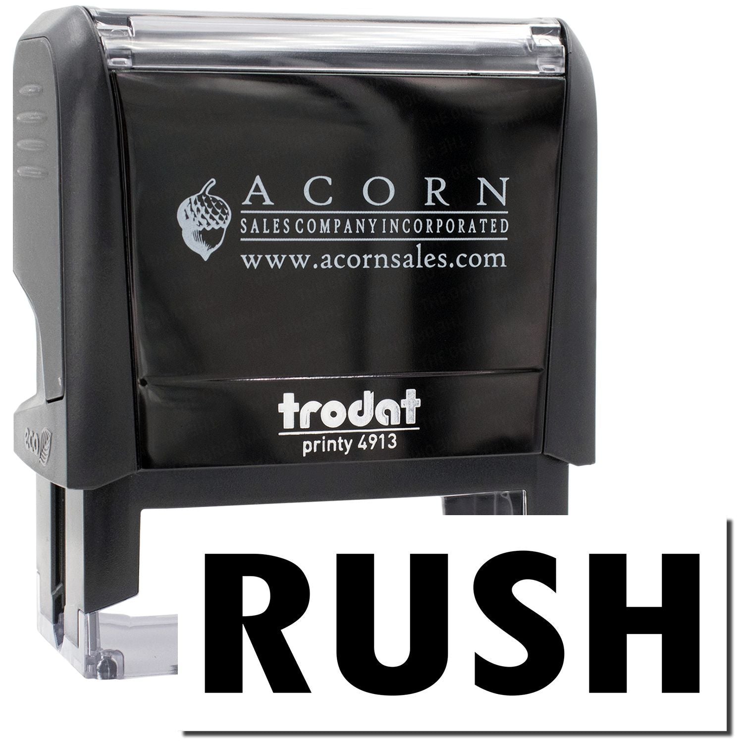 Acorn Sales Printy 4913 self-inking stamp labeled RUSH for expedited service orders.