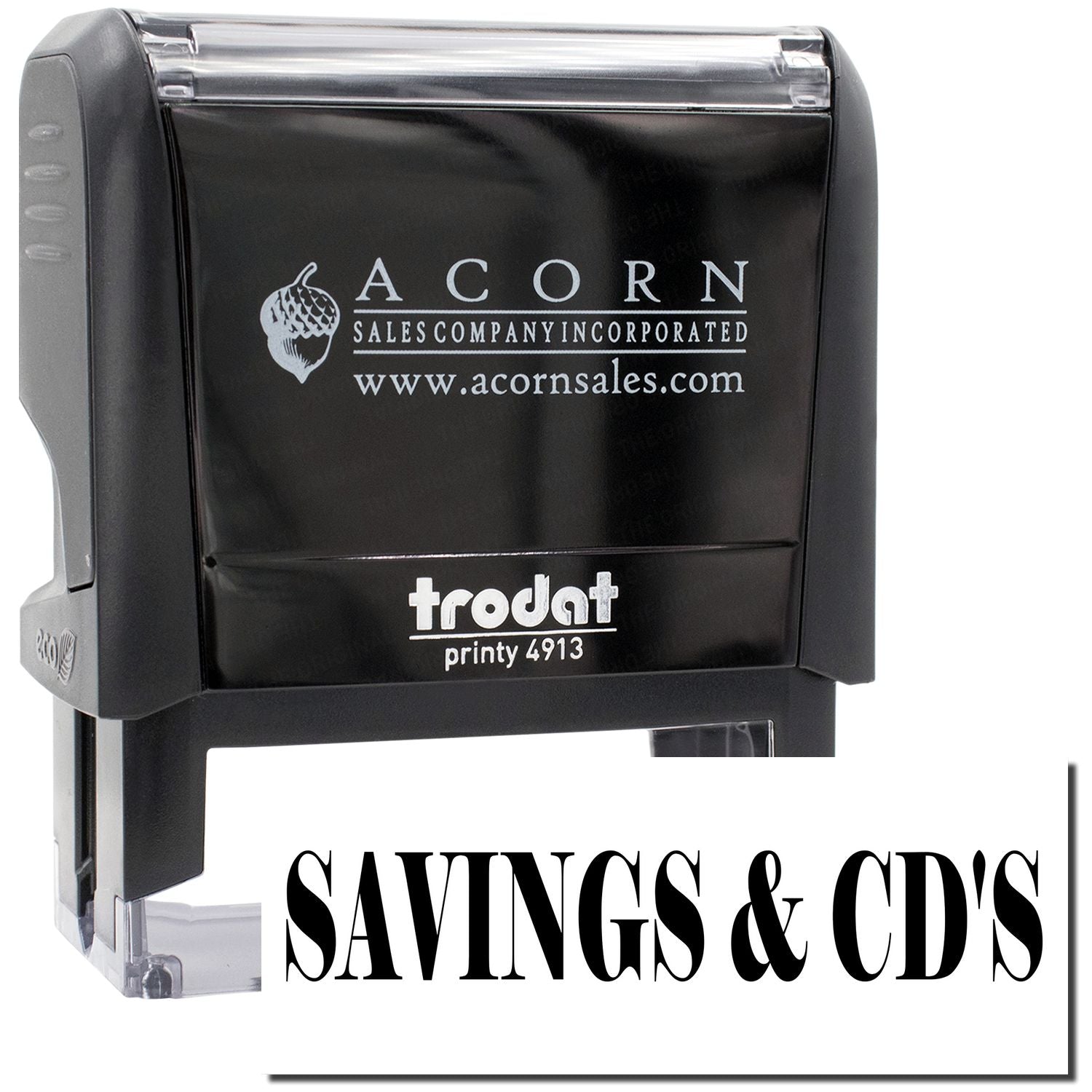 Acorn Sales Company Incorporated stamp printer with Savings & CDs promotional text for printing and direct mail marketing