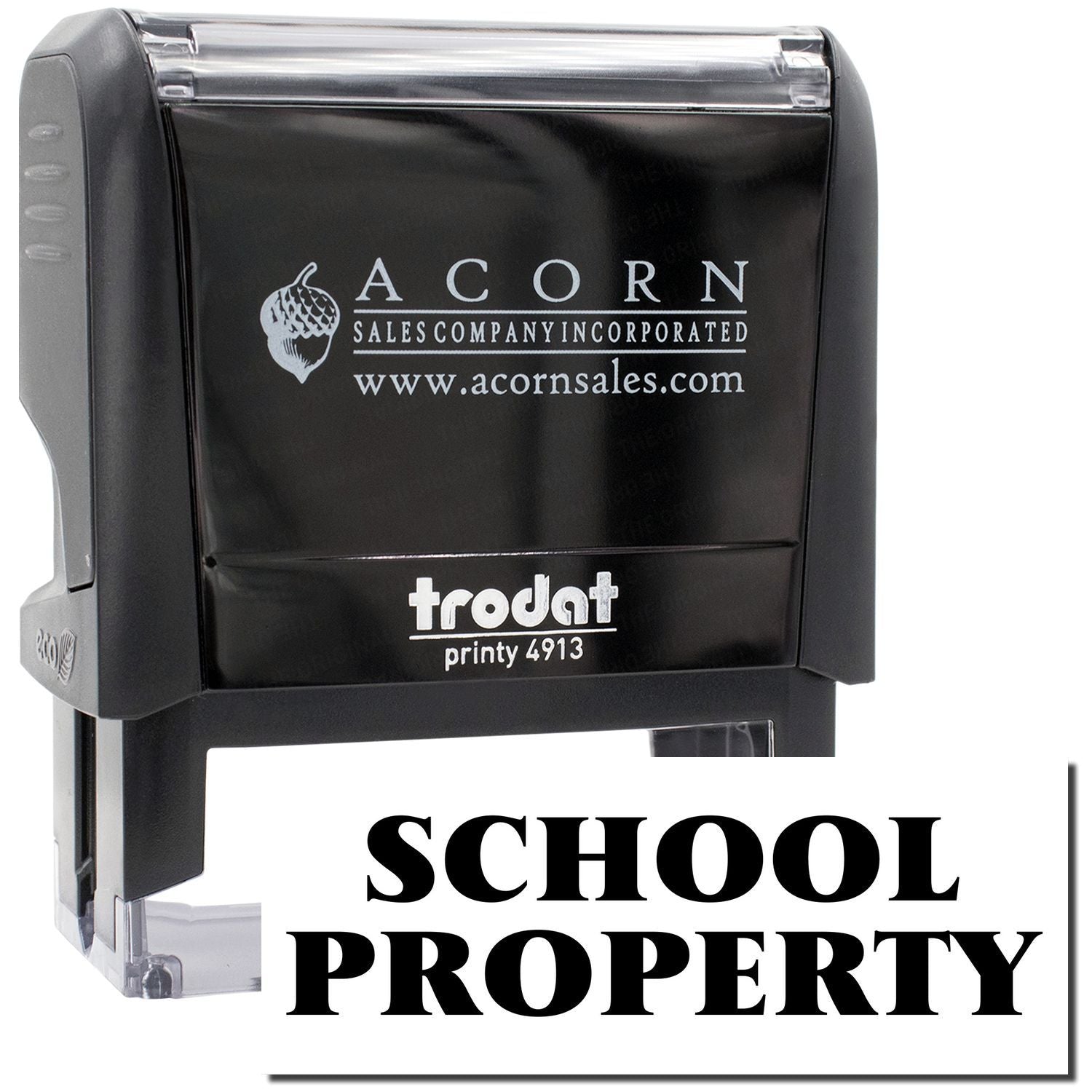 Trodat Printy 4913 self-inking stamp by Acorn Sales, imprinted SCHOOL PROPERTY for school inventory marking