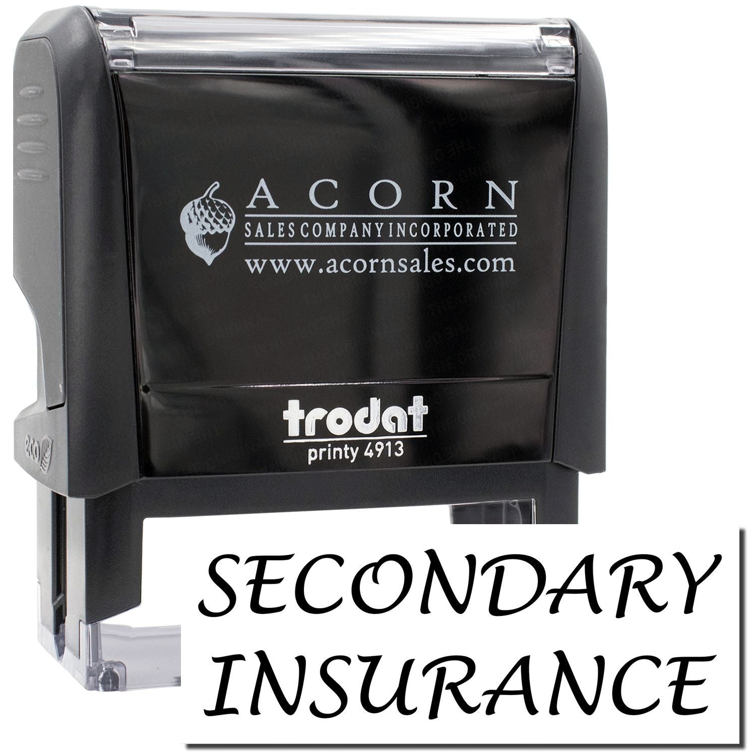 Acorn Sales secondary insurance stamp with acornsales.com logo on a Printy 4913 self-inking device.