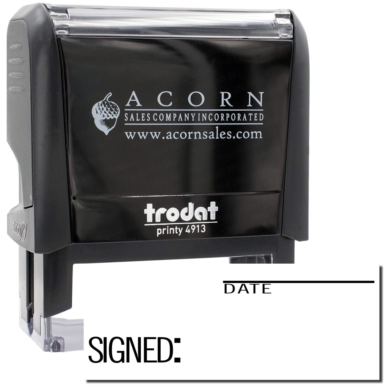 Trodat Printy 4913 self-inking signature stamp with date, branded for Acorn Sales, for signing documents.