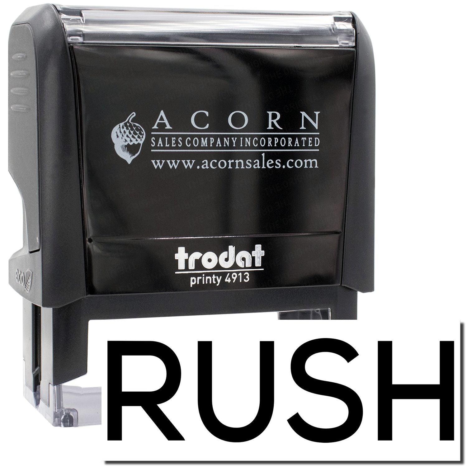 Acorn Sales Incorporated Trodat Printy 4913 self-inking stamp showing 'RUSH', used to mark urgent orders for fast shipping delivery.