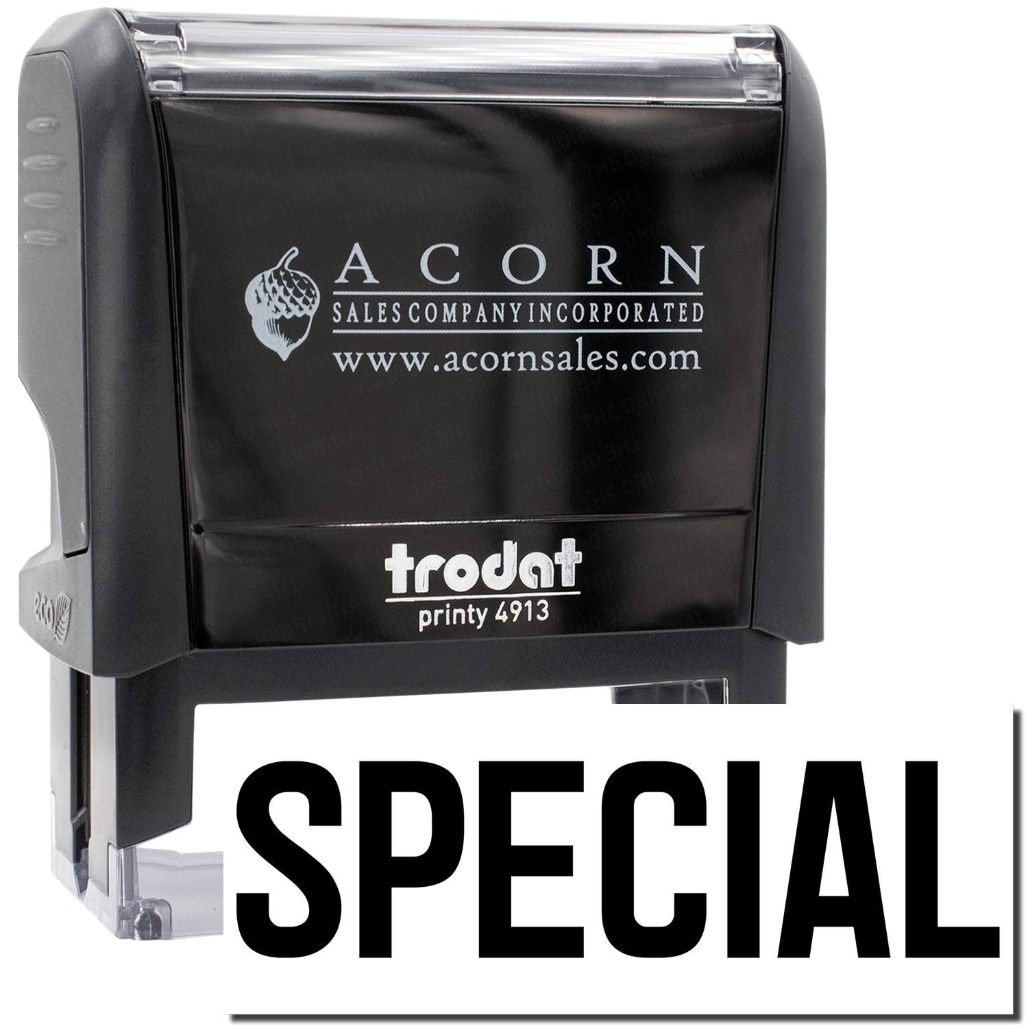 Acorn Sales company incorporated self-inking stamp with SPECIAL branding and acornsales.com, product printy 4913 for shipping promotions