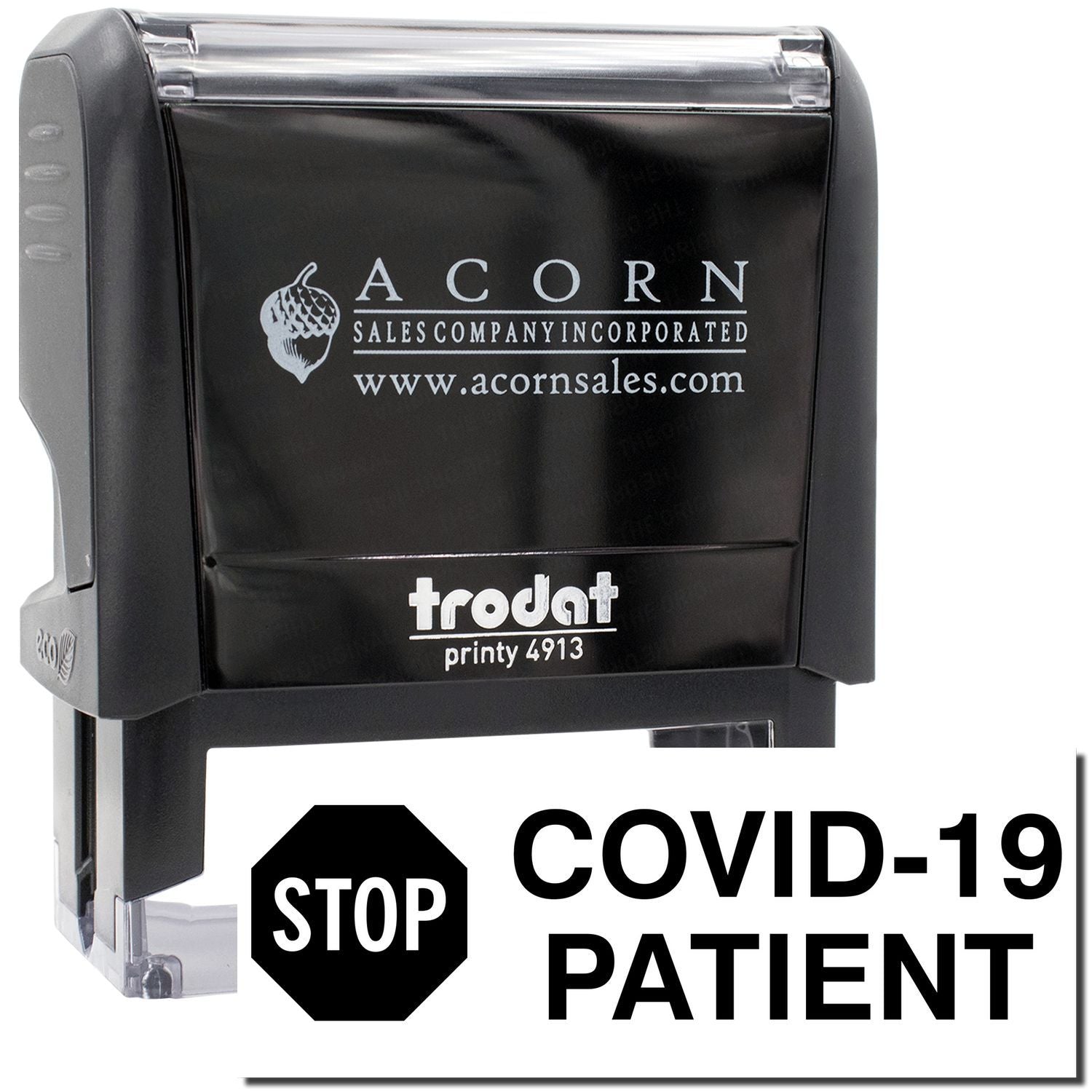 Acorn Sales COVID-19 patient safety stamp on Printy 4913 with STOP icon and acornsales.com branding