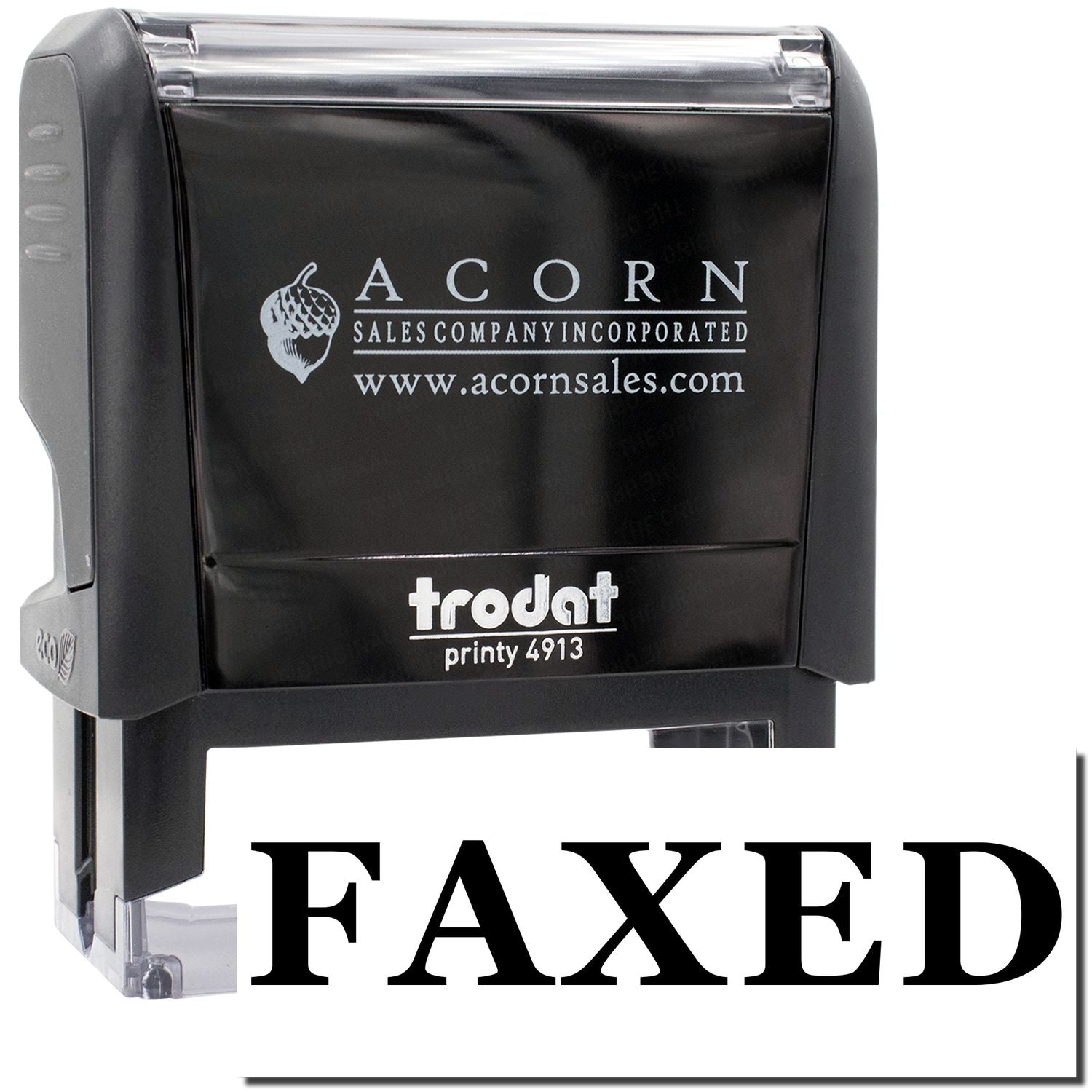 Acorn Sales Trodat Printy 4913 self-inking stamp marking documents as 'FAXED' for fax confirmation, business mail and shipping records