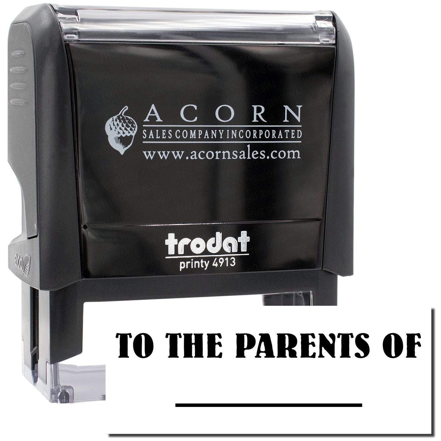 Acorn Sales Incorporated preprint stamp label for school mailers, showing To the parents of and website branding, printy 4913.