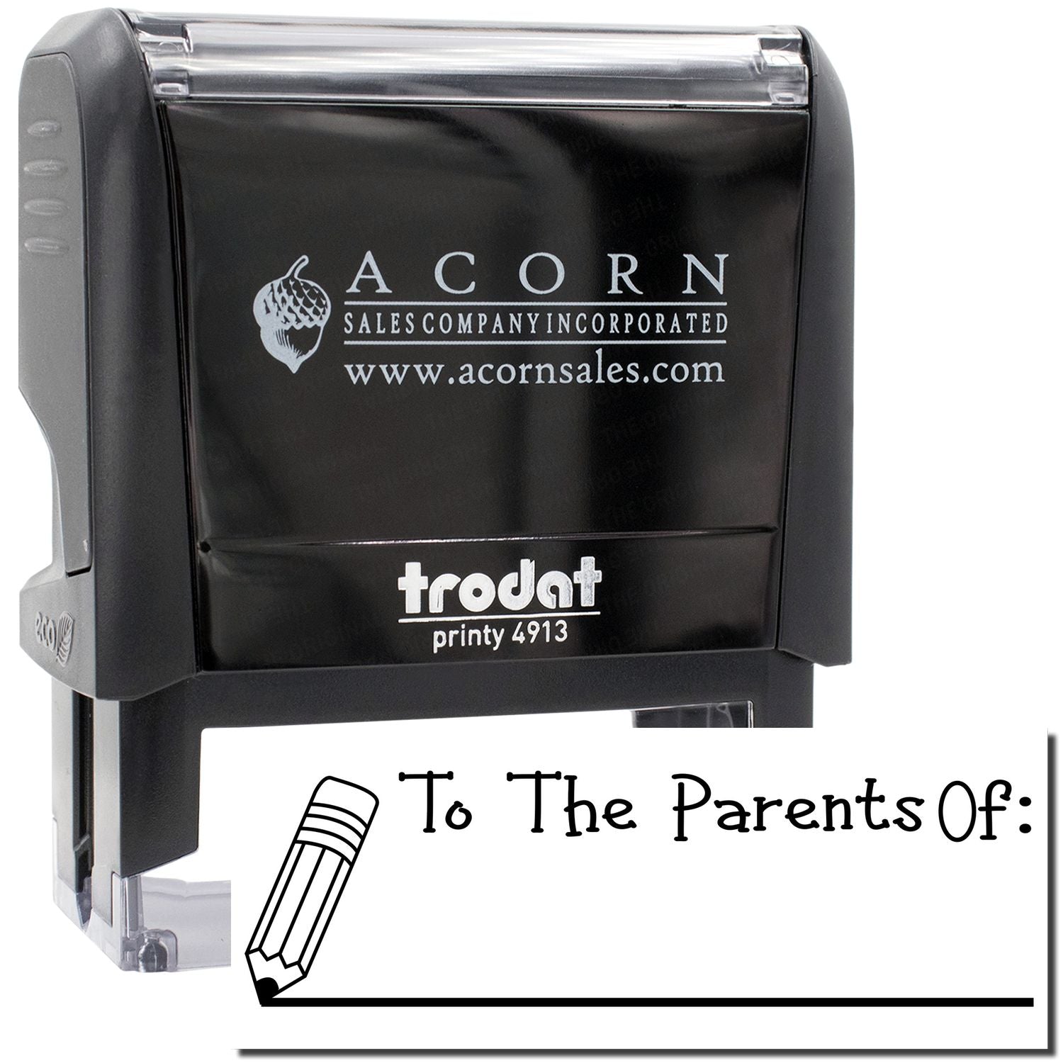 Acorn Sales Trodat Printy 4913 self-inking stamp image with Acorn sales branding and ordering website shown on the device.