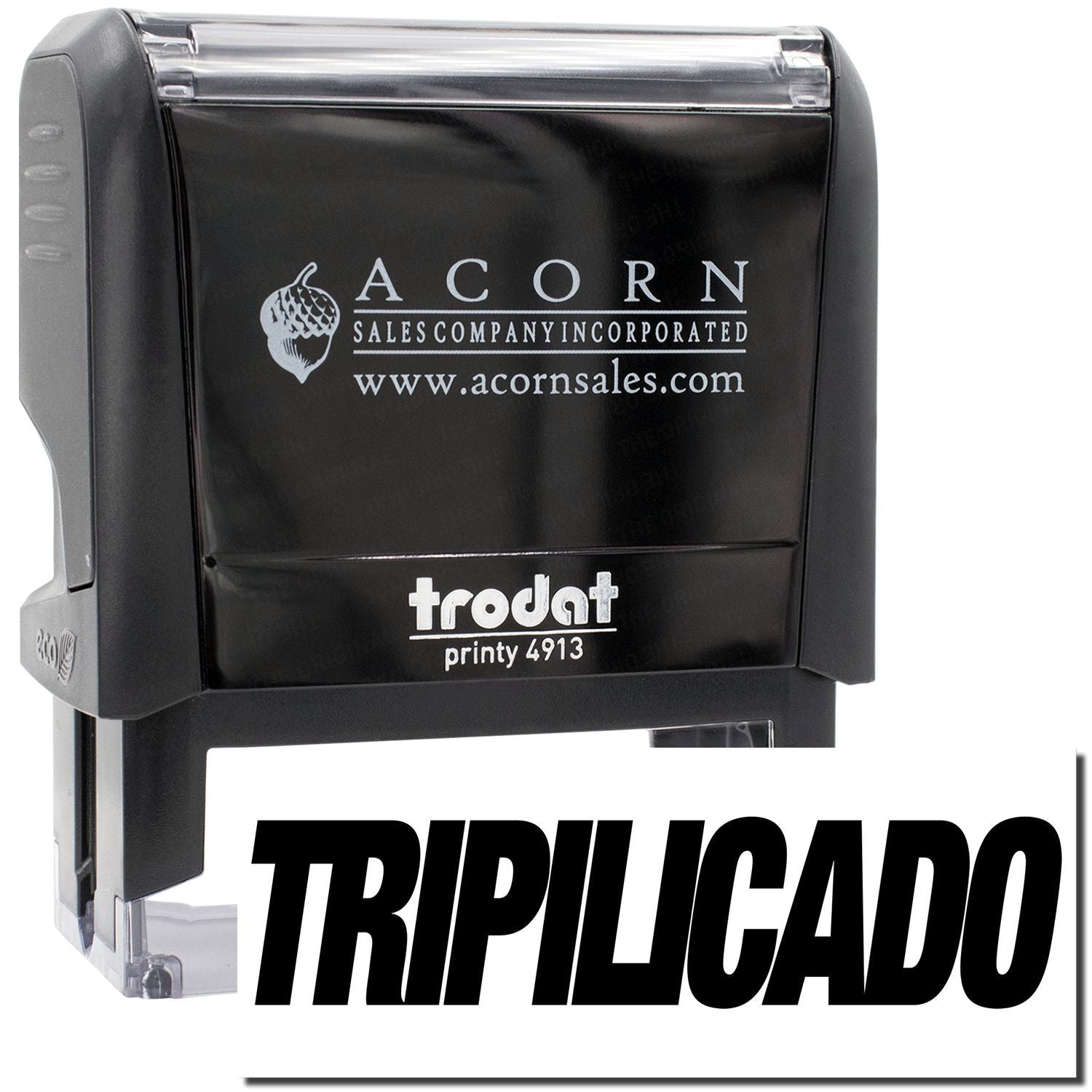 Acorn Sales branded Trodat Printy 4913 stamp labeled TRIPLICADO for marking duplicate sales documents and paperwork