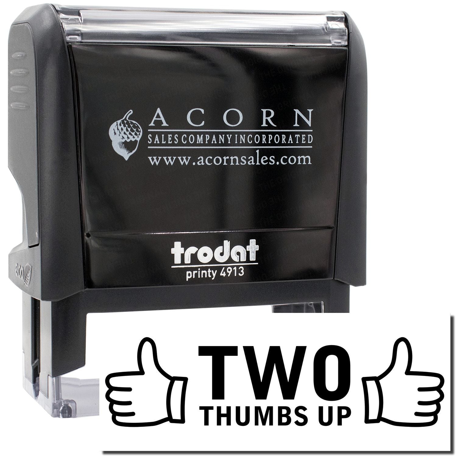 Acorn Sales Printy 4913 rubber stamp with acornsales.com logo and two thumbs up approval icon