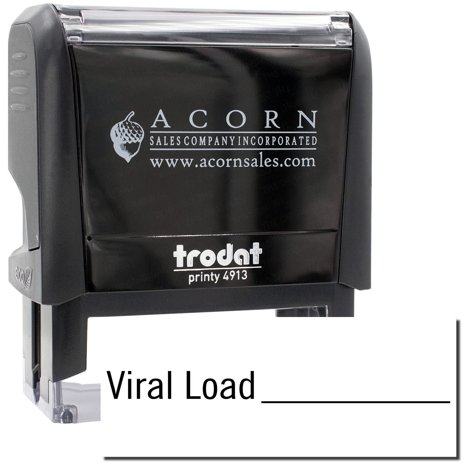 Acorn Sales branded Trodat Printy 4913 stamp showing Viral Load label for medical data marketing