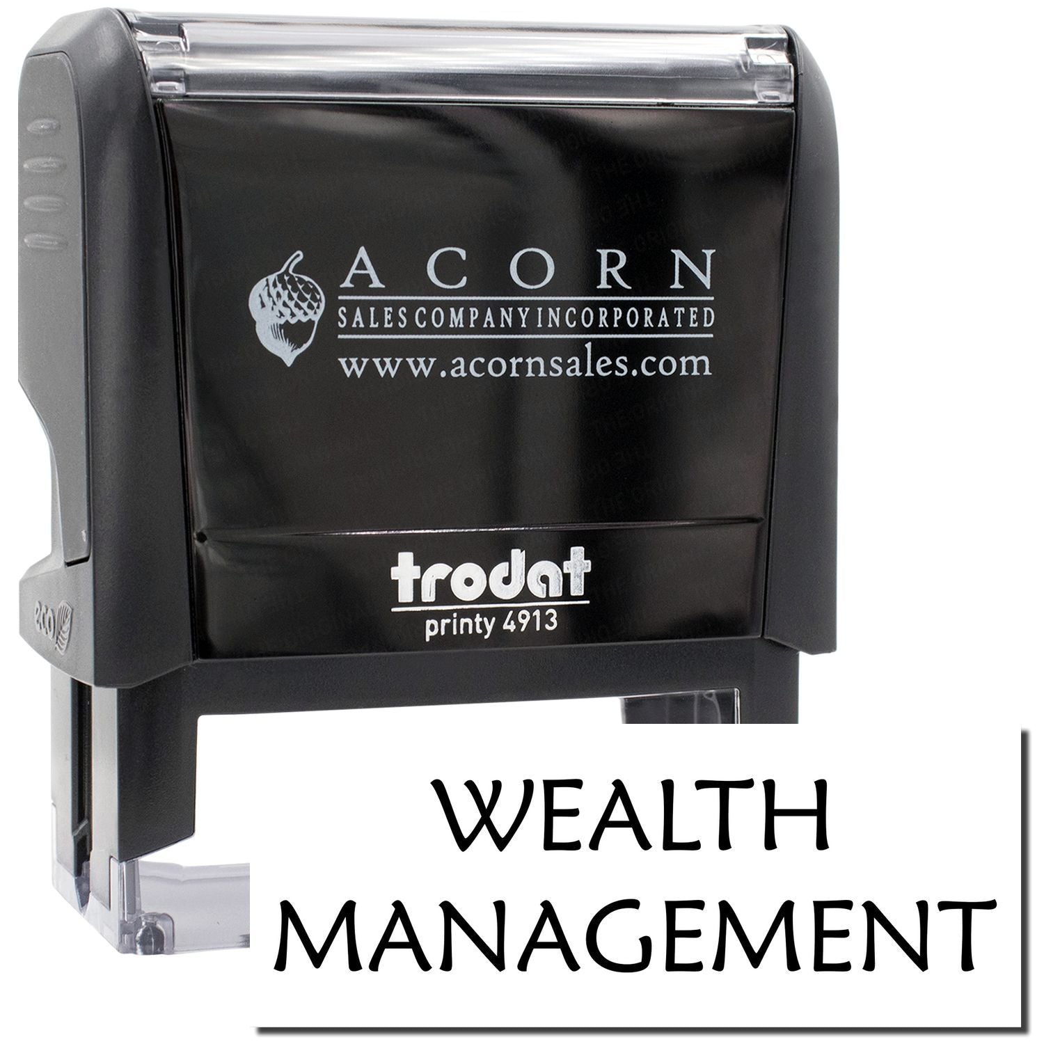 Trodat Printy 4913 stamp for Acorn Sales Incorporated wealth management, showing Acorn sales logo and www.acornsales.com.