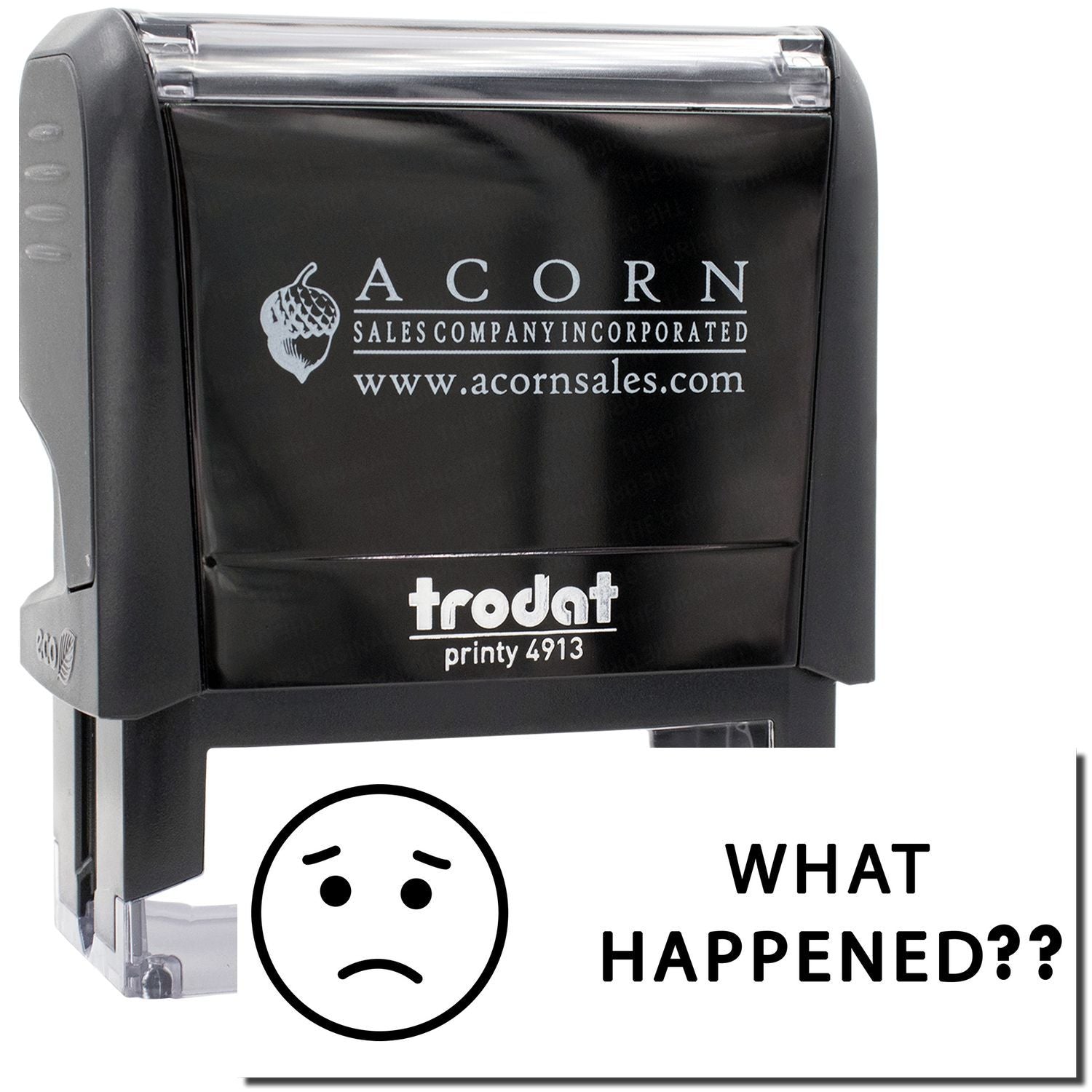 Acorn Sales Printy 4913 stamp with What Happened?? label, highlighting a possible printing problem or missing print.