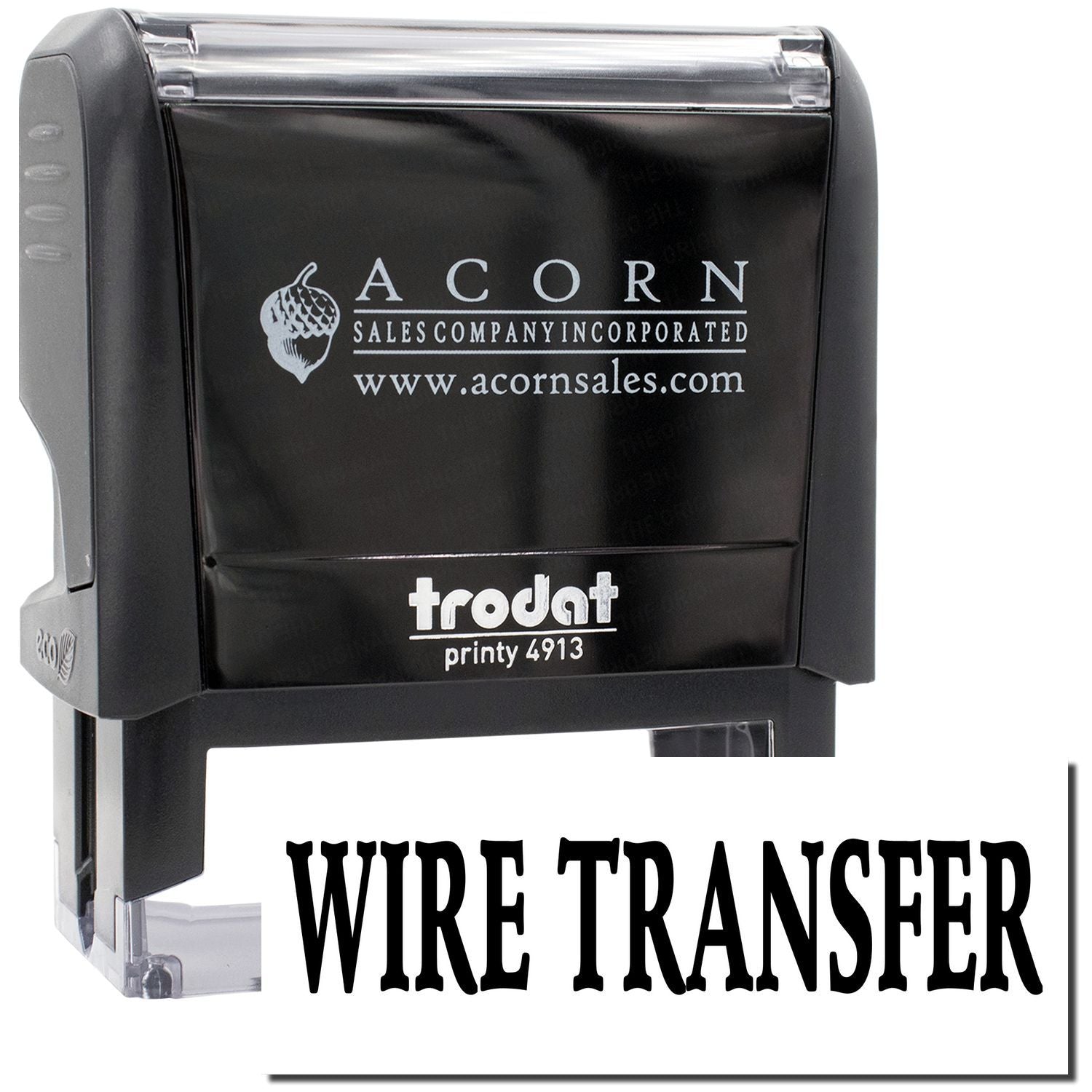 Acorn Sales wire transfer stamp for payment verification, showing wire transfer and acornsales.com branding.