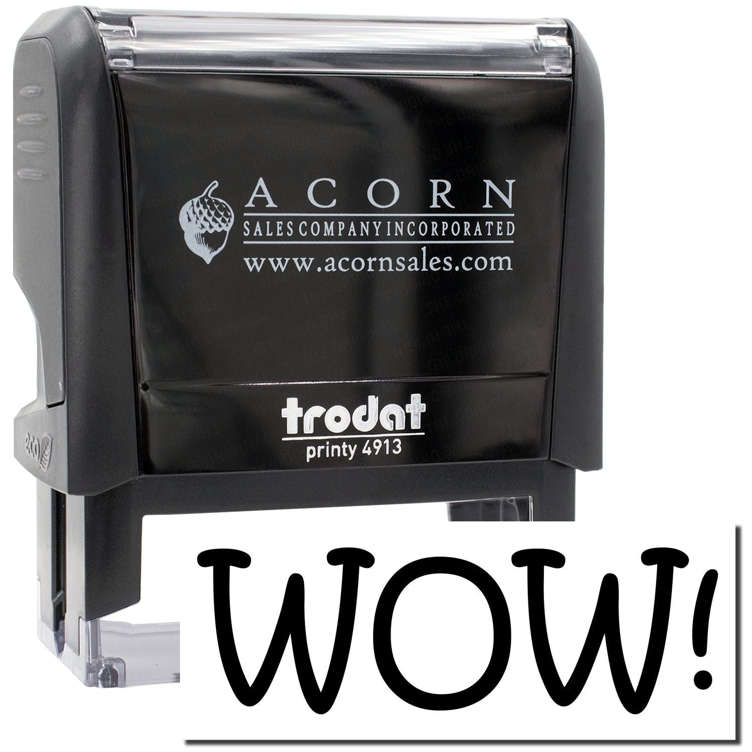 Trodat Printy 4913 stamp from Acorn Sales Company Inc. showing WOW! branding and website acornsales.com.