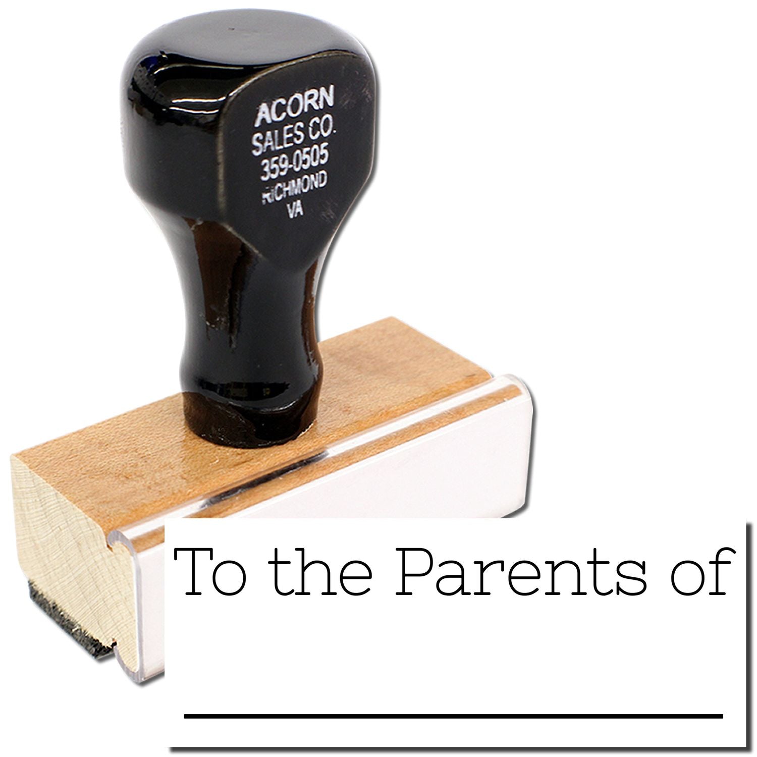 Acorn Sales Co. rubber stamp head marked 359-0505 Richmond VA, shown on wooden block with To the Parents of text.