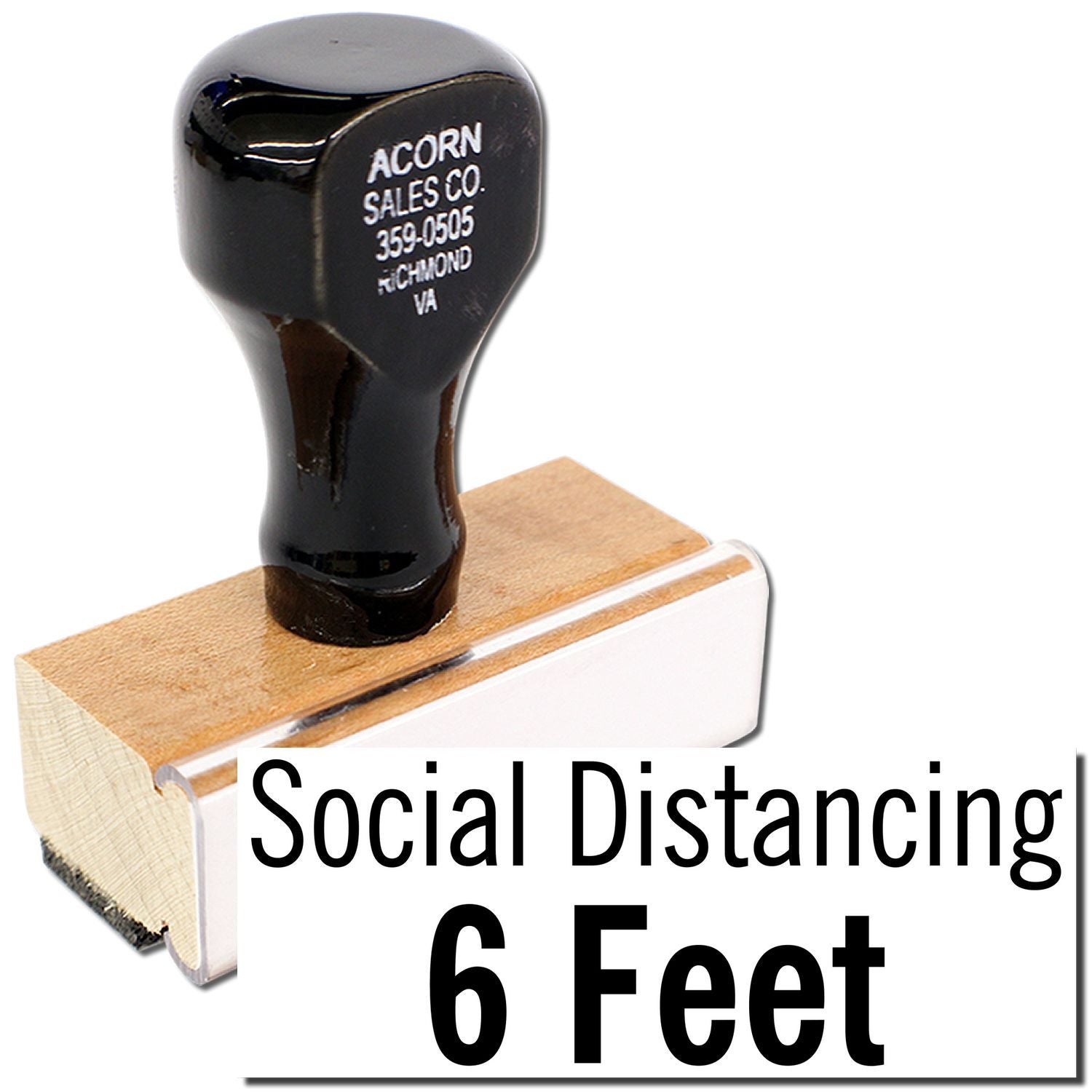 Black golf tee next to Social Distancing 6 Feet text, encouraging safe spacing and infection prevention during play.