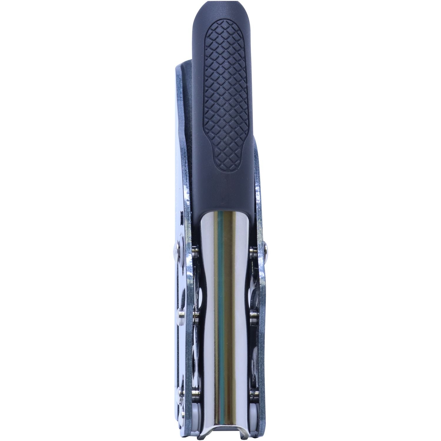 Close-up of a folded stainless steel pocket knife with black textured handle and pocket clip on a white background.