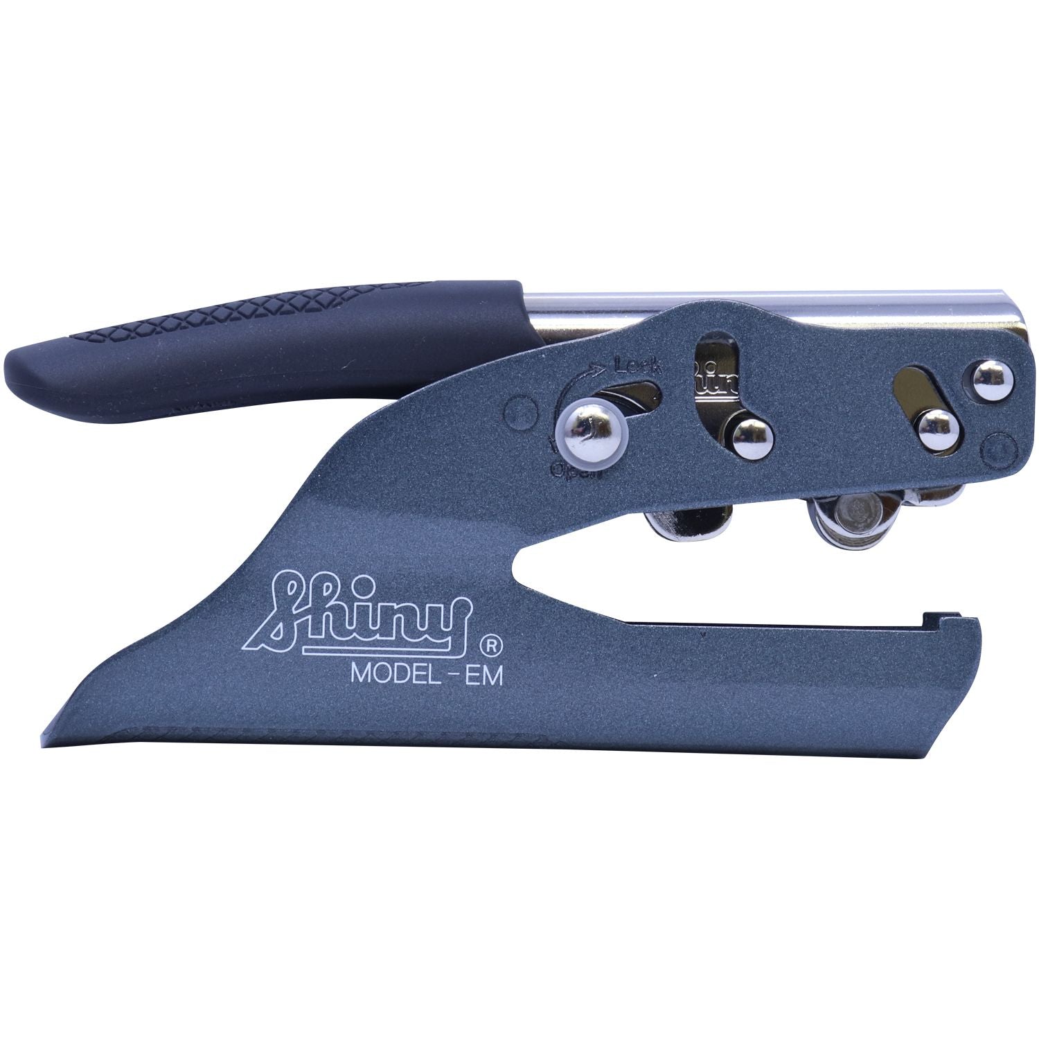 Shinny Model-EM manual can opener with ergonomic black handle and stainless steel cutting mechanism on white background