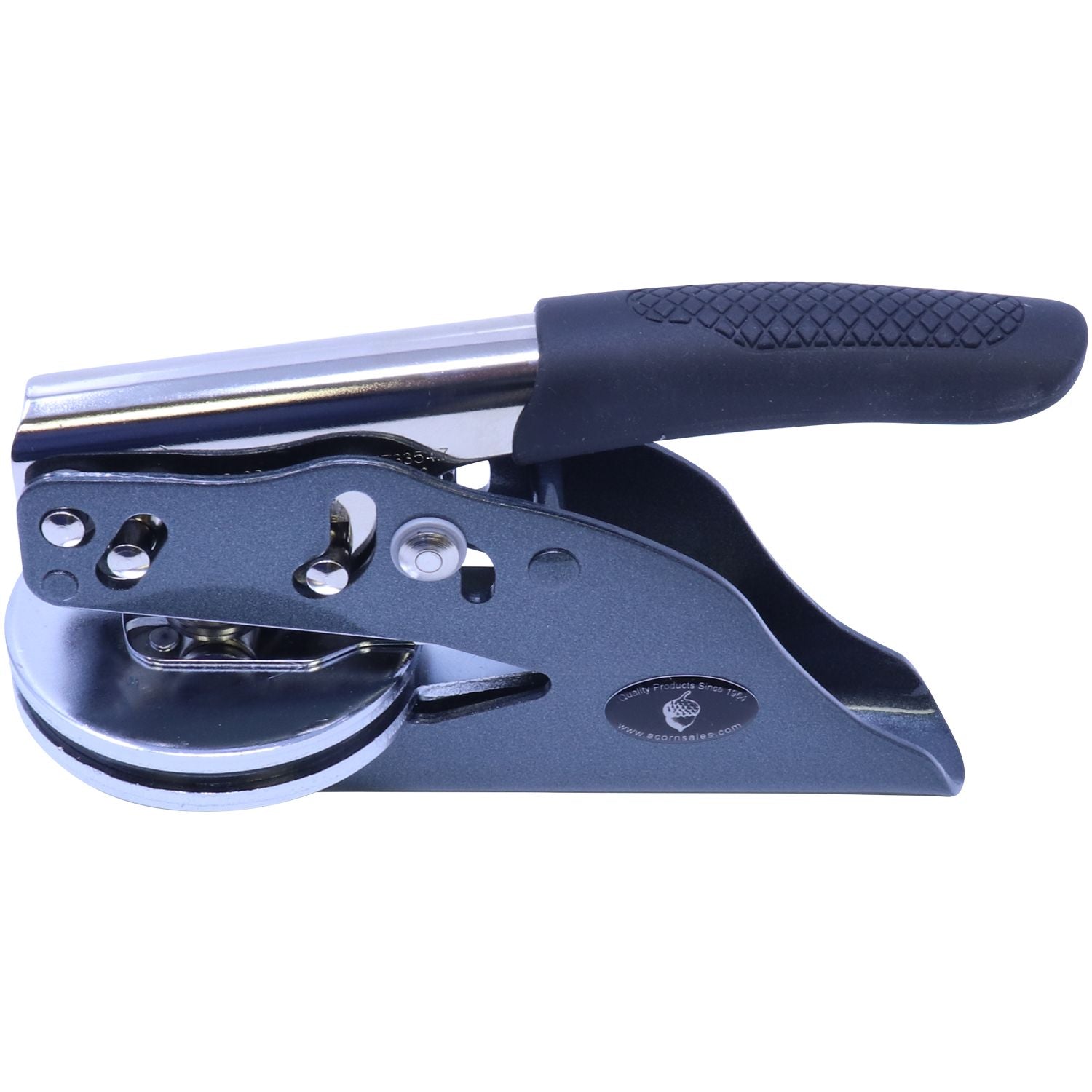 Handheld beer bottle capper tool with black ergonomic handle and metal base on white background
