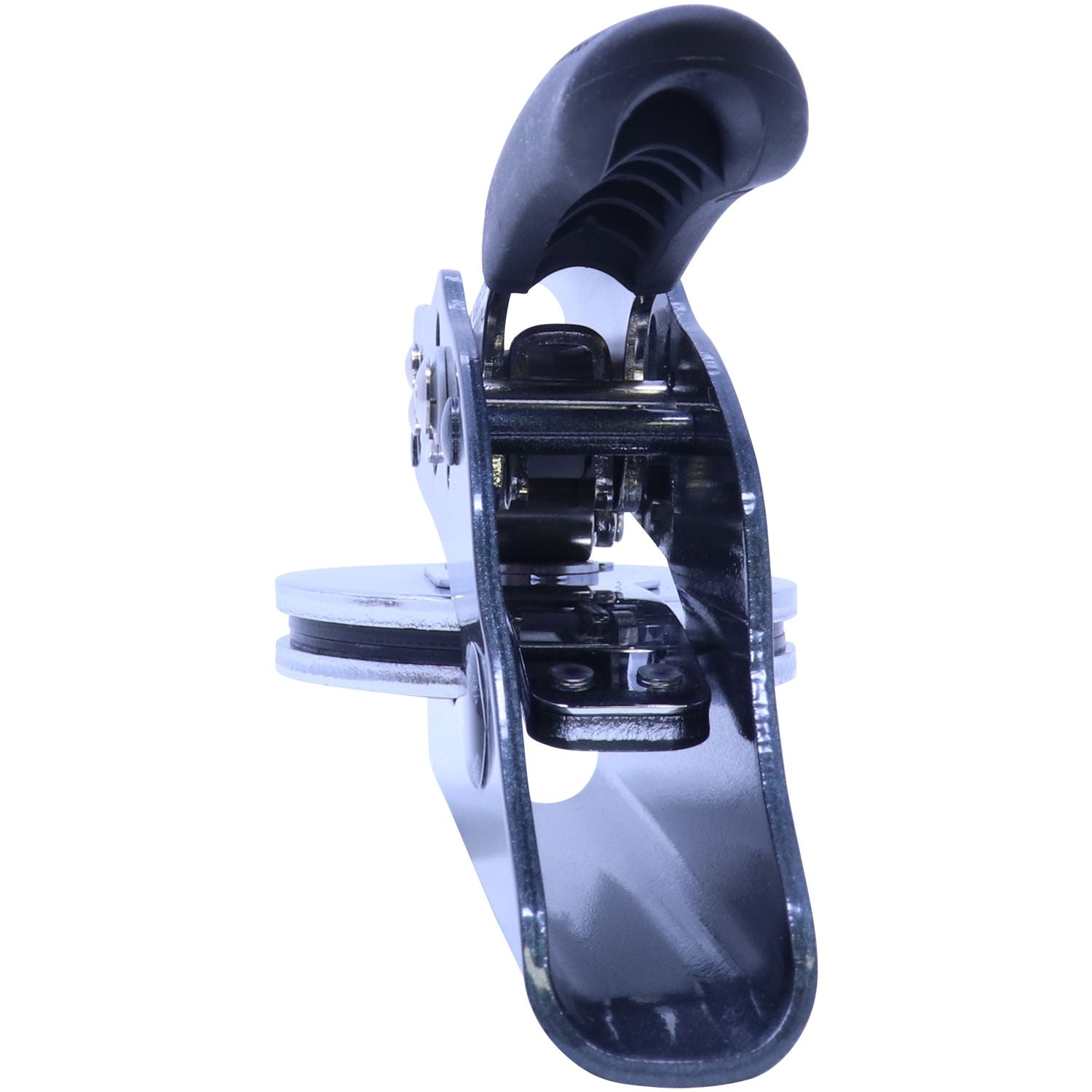 Black heavy-duty metal hand press tool with ergonomic handle, isolated on white background.
