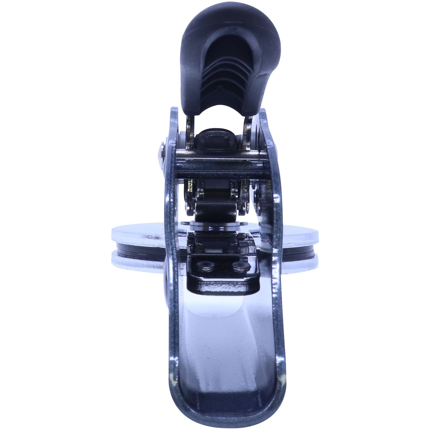 Black adjustable plastic clamp mount with padded jaws, isolated on a white background.