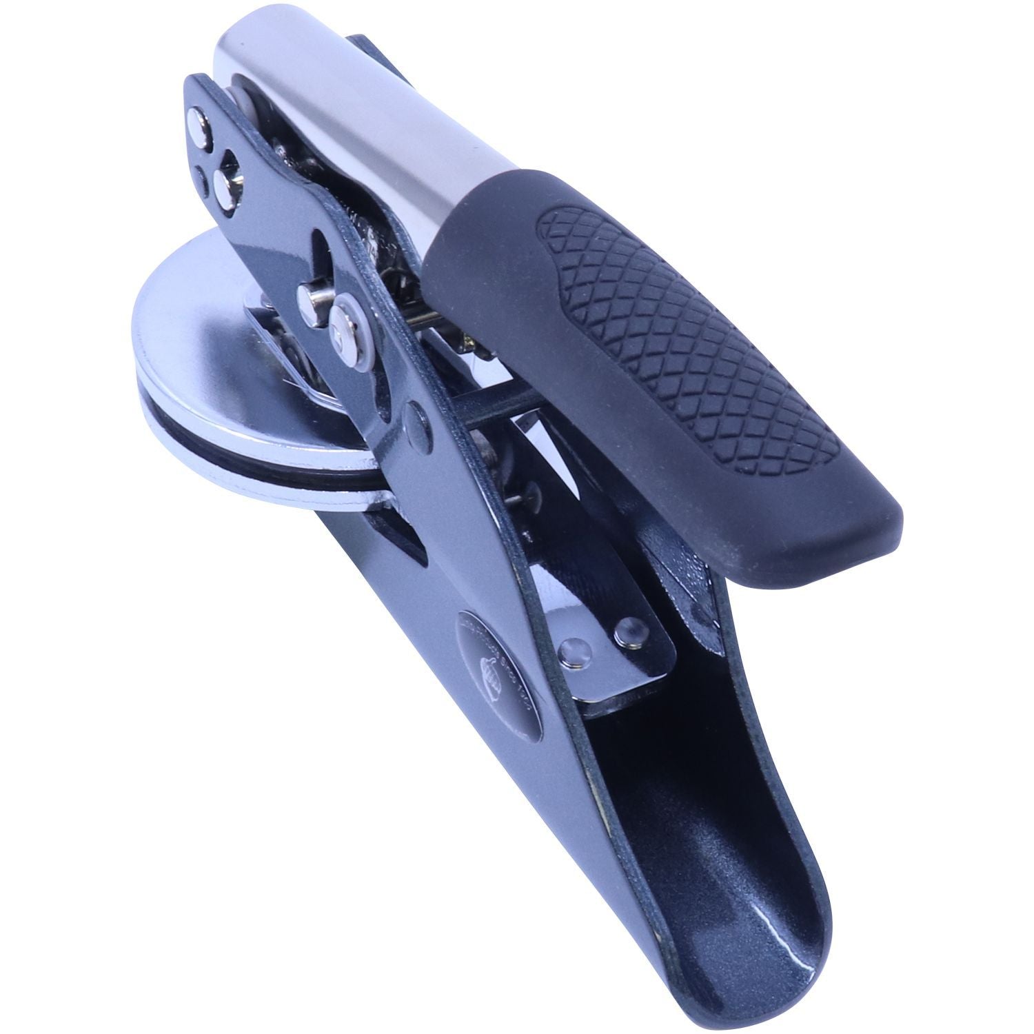Close-up of a stainless steel toenail clipper with ergonomic black grip on a white background.