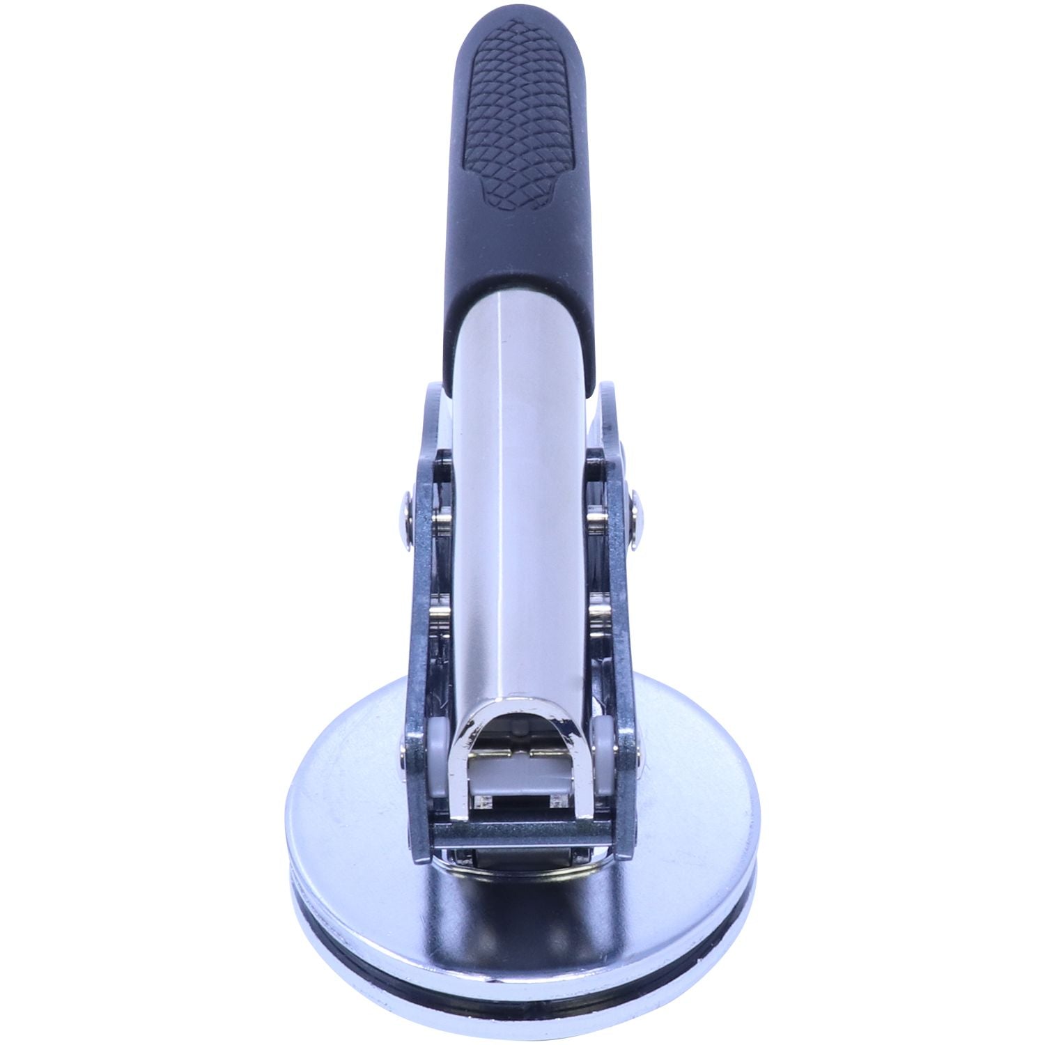 Stainless steel manual can opener with ergonomic handle and suction base, isolated on white background