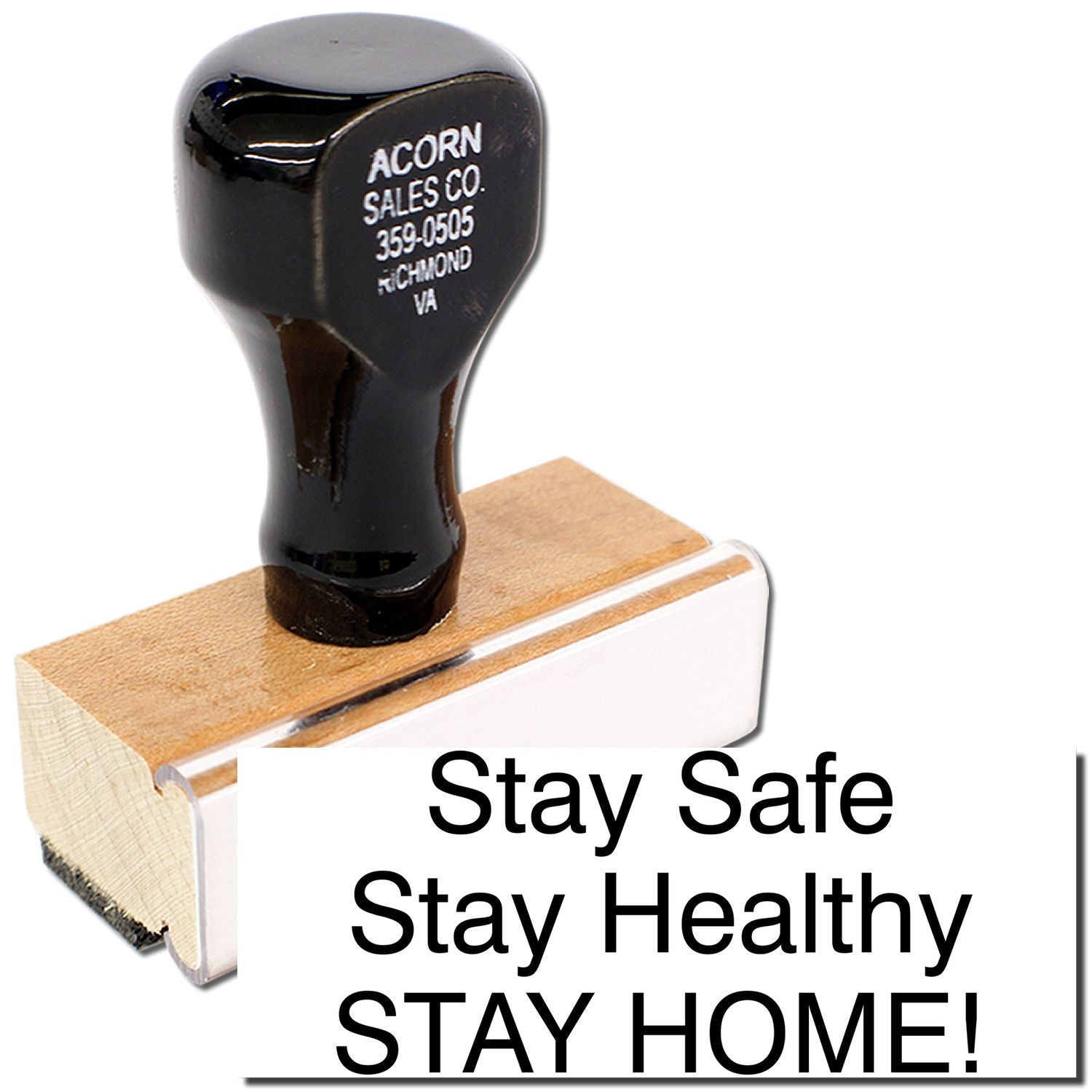 Golf club head on wooden block with Stay Safe Stay Healthy Stay Home public health safety message during COVID-19