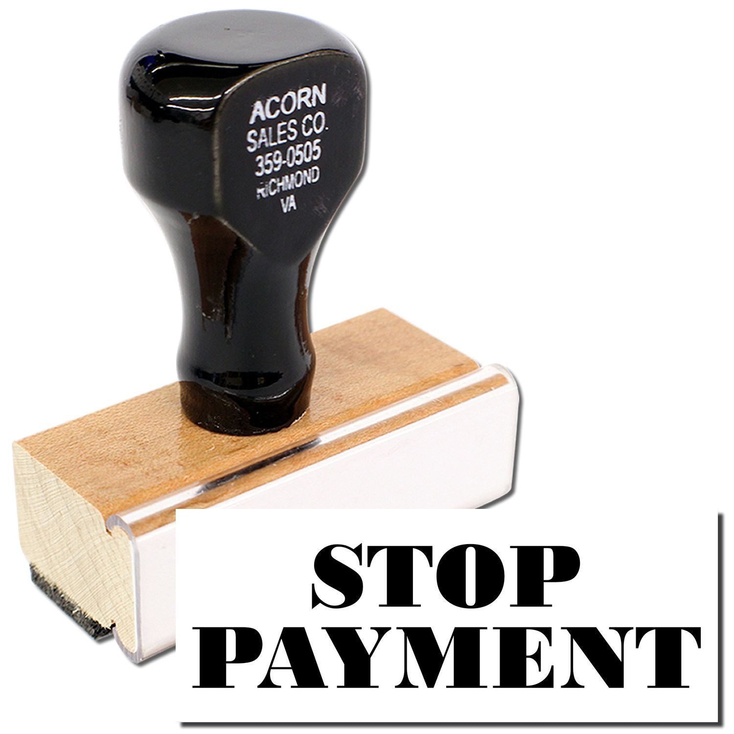 Acorn Sales stop payment stamp on wooden block, showing STOP PAYMENT for stop-payment orders and check fraud prevention paperwork.
