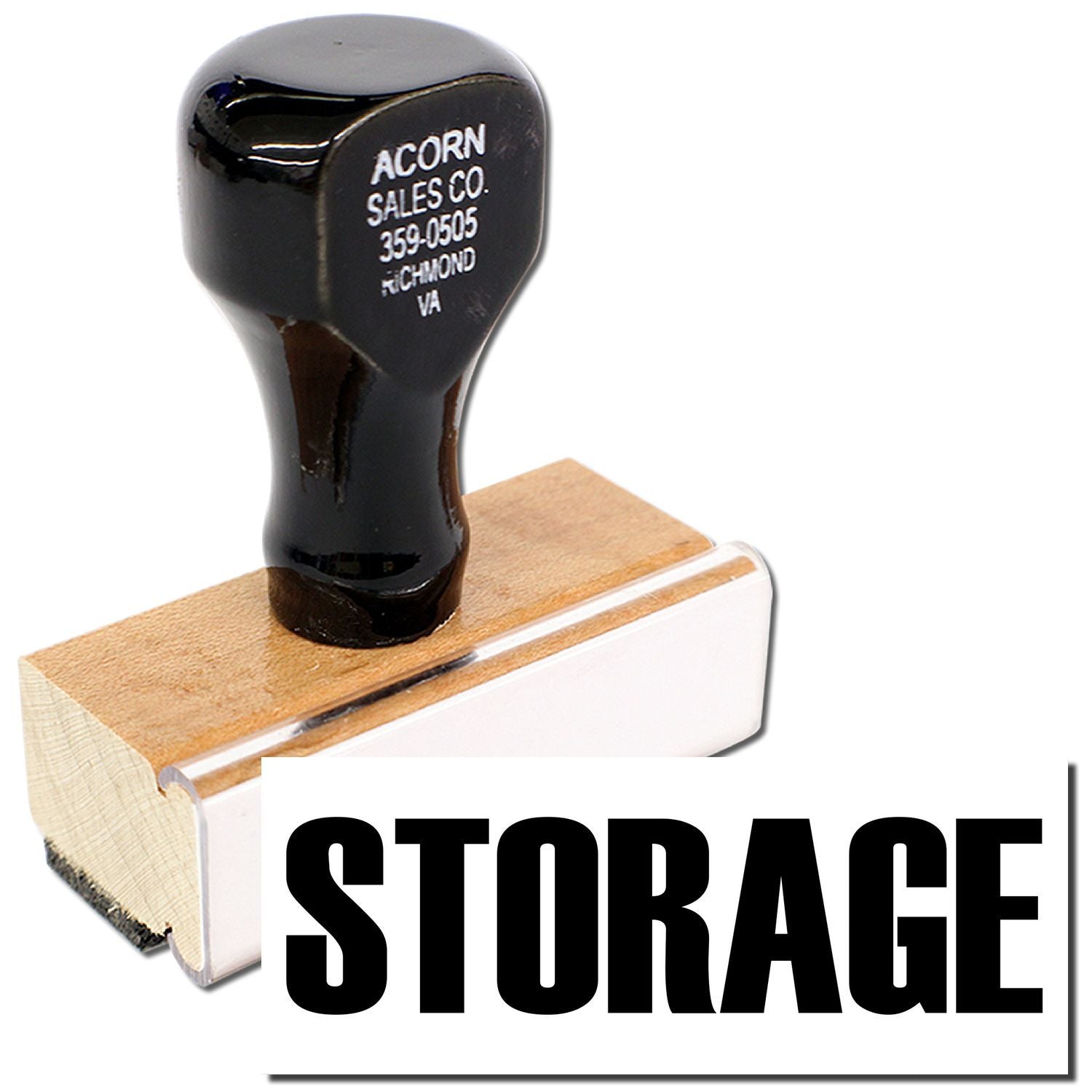 Acorn Sales Co. storage label stamp with black wood handle, phone 359-0505 Richmond VA for signage and inventory marking