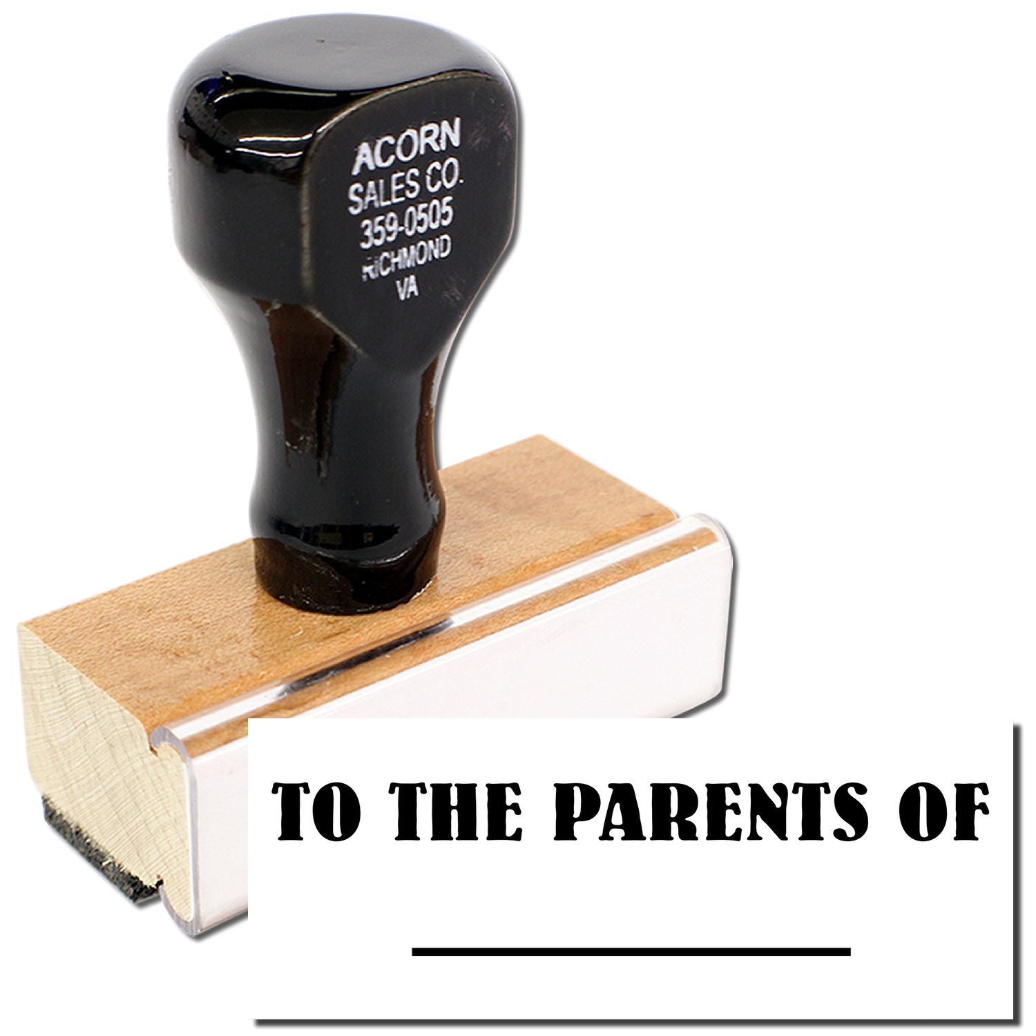 Black golf club head with Acorn Sales Co label on wooden display block, used in a golf fundraiser flyer that reads 'To the Parents Of'.