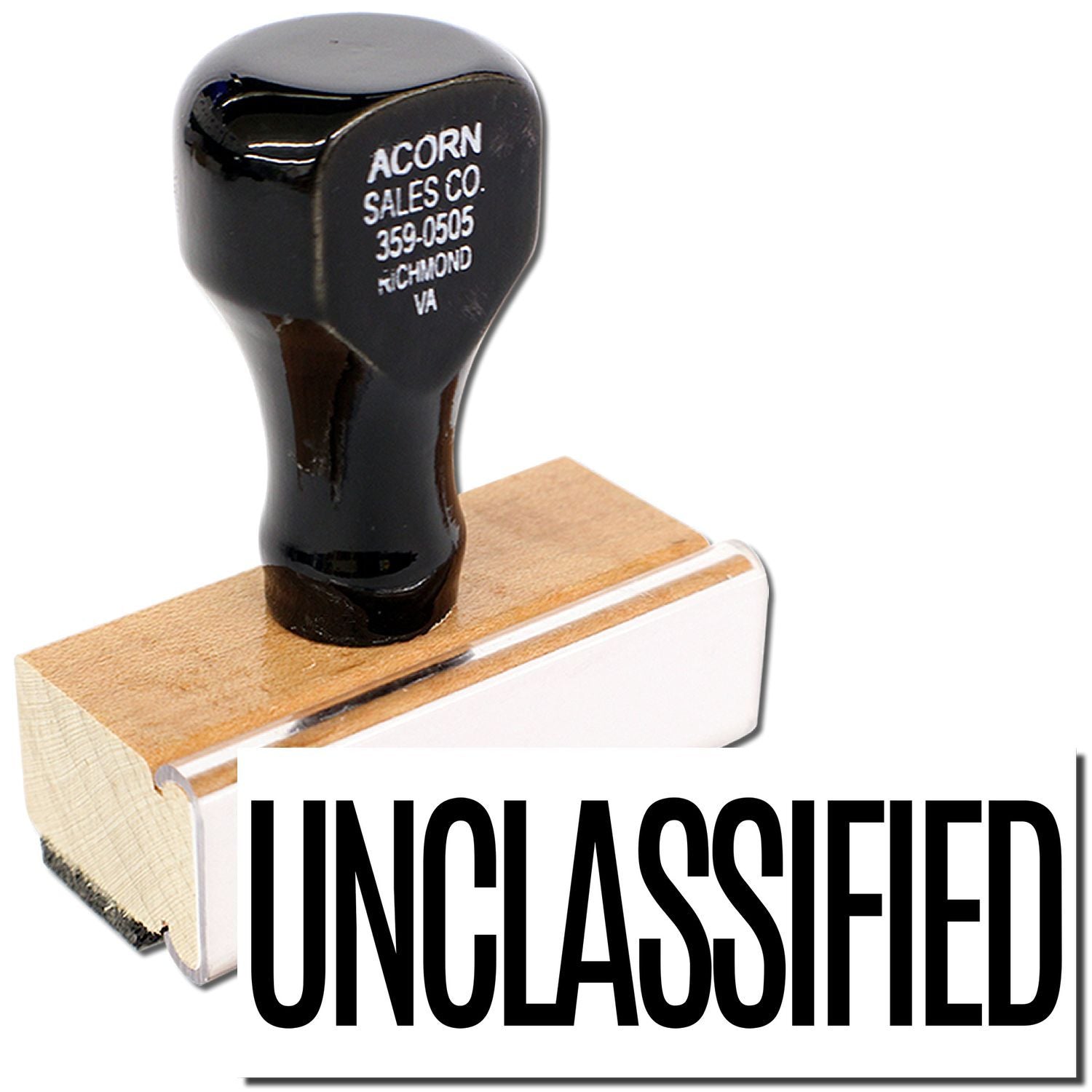 Acorn Sales Co. 359-0505 Richmond VA black product head on wooden block, labeled Unclassified for easy inventory ID