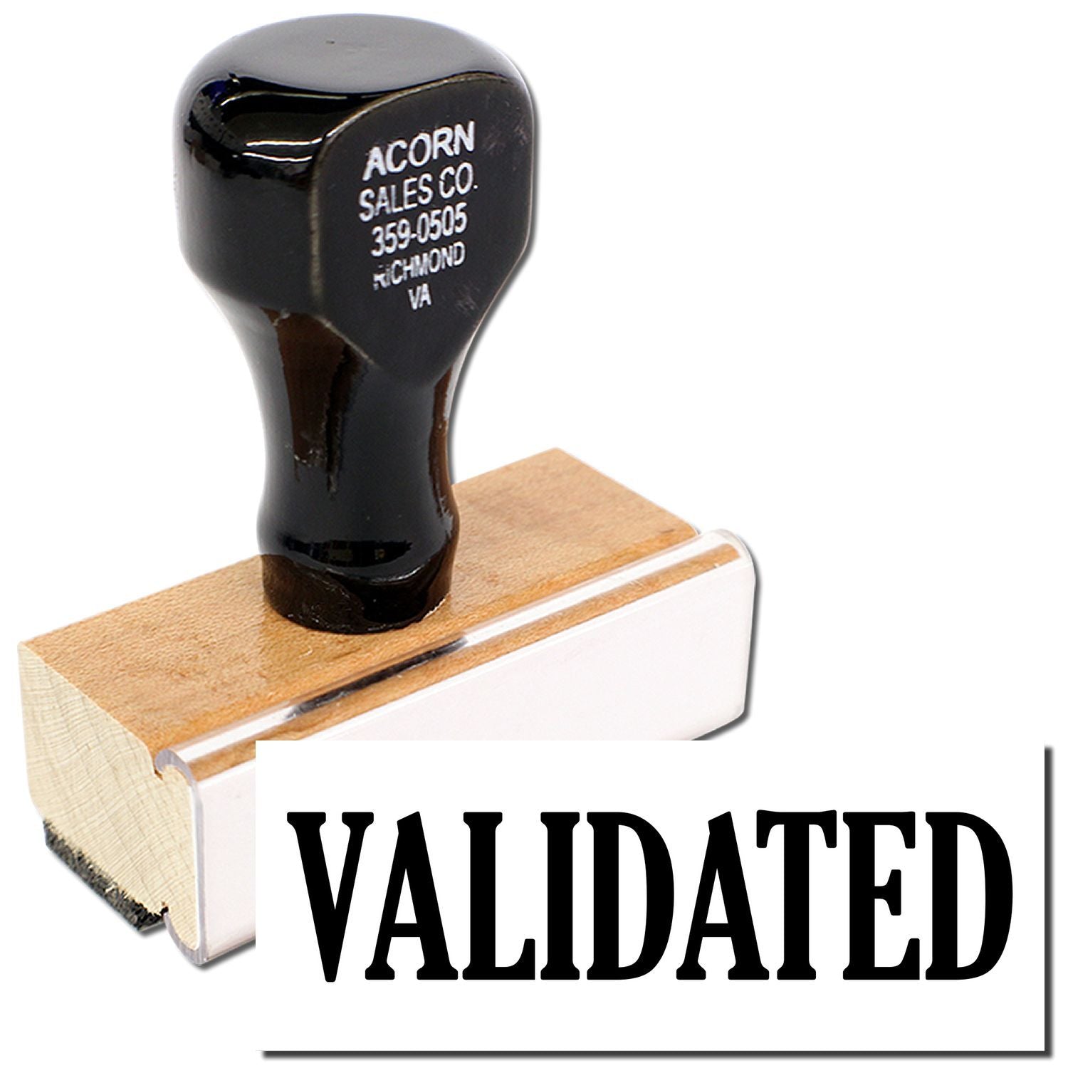 Acorn Sales Co. Richmond VA label on black wooden handle beside Validated stamp for product authentication