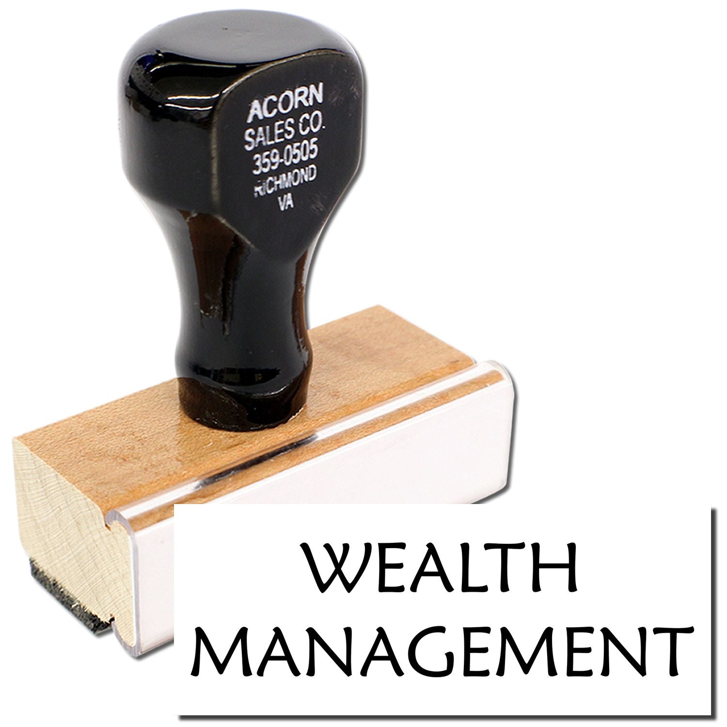 Acorn Sales Co wealth management branding stamp on wooden base for financial planning and consulting services