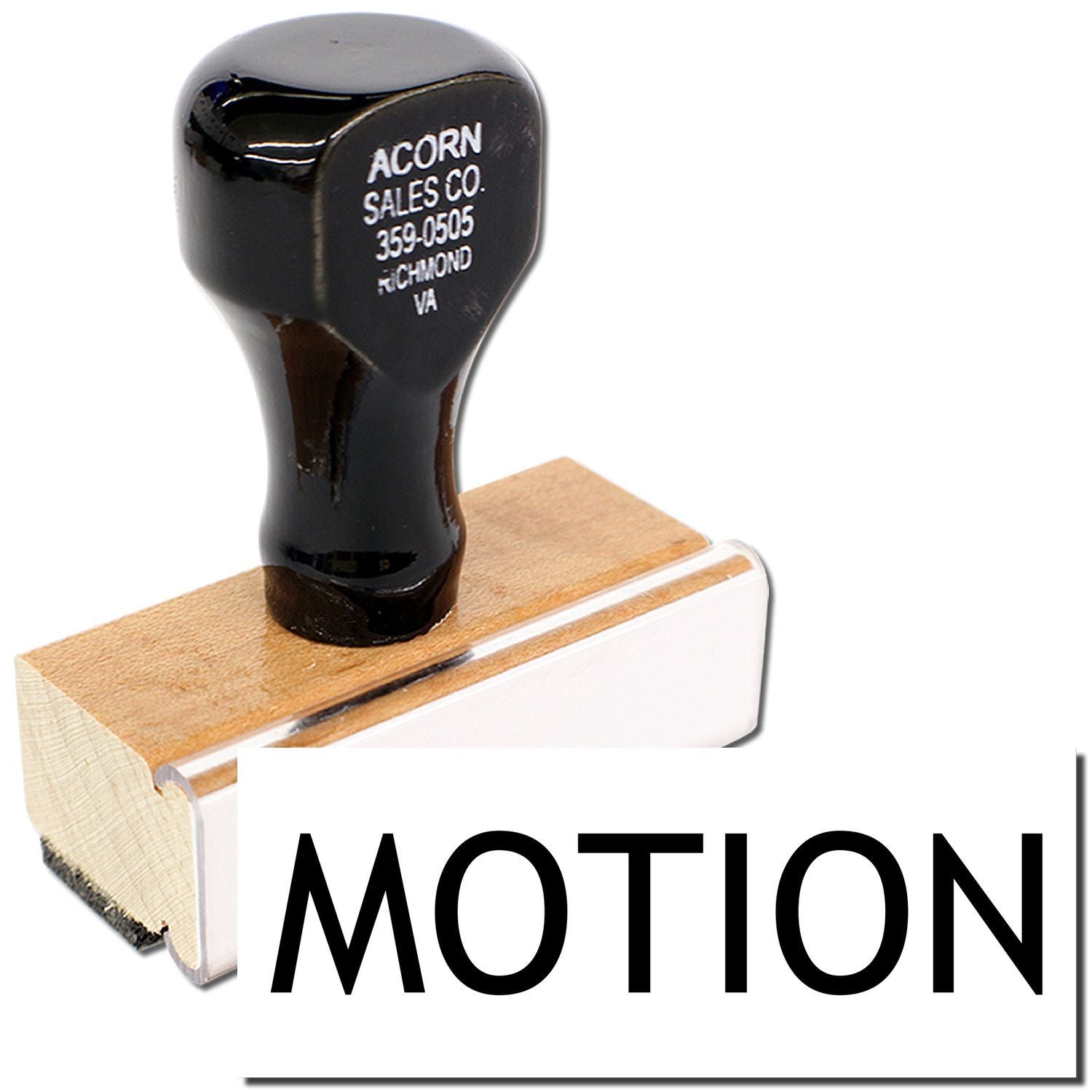 Acorn Motion replacement bumper with black cylindrical cover on wooden block, labeled Acorn Sales Co for lift chair stair parts.