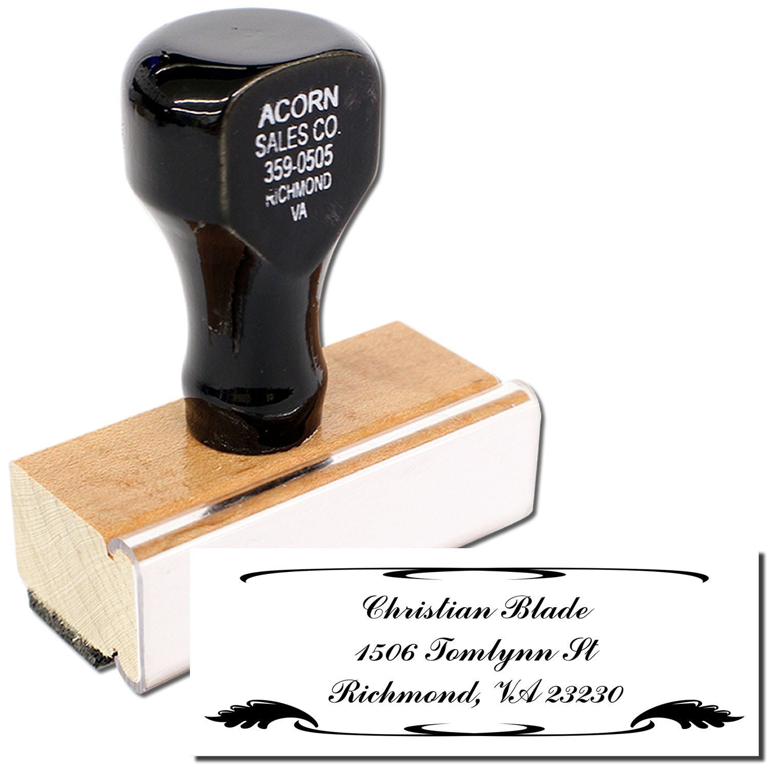 Custom return address rubber stamp with wooden handle and sample mail imprint for business or personal use
