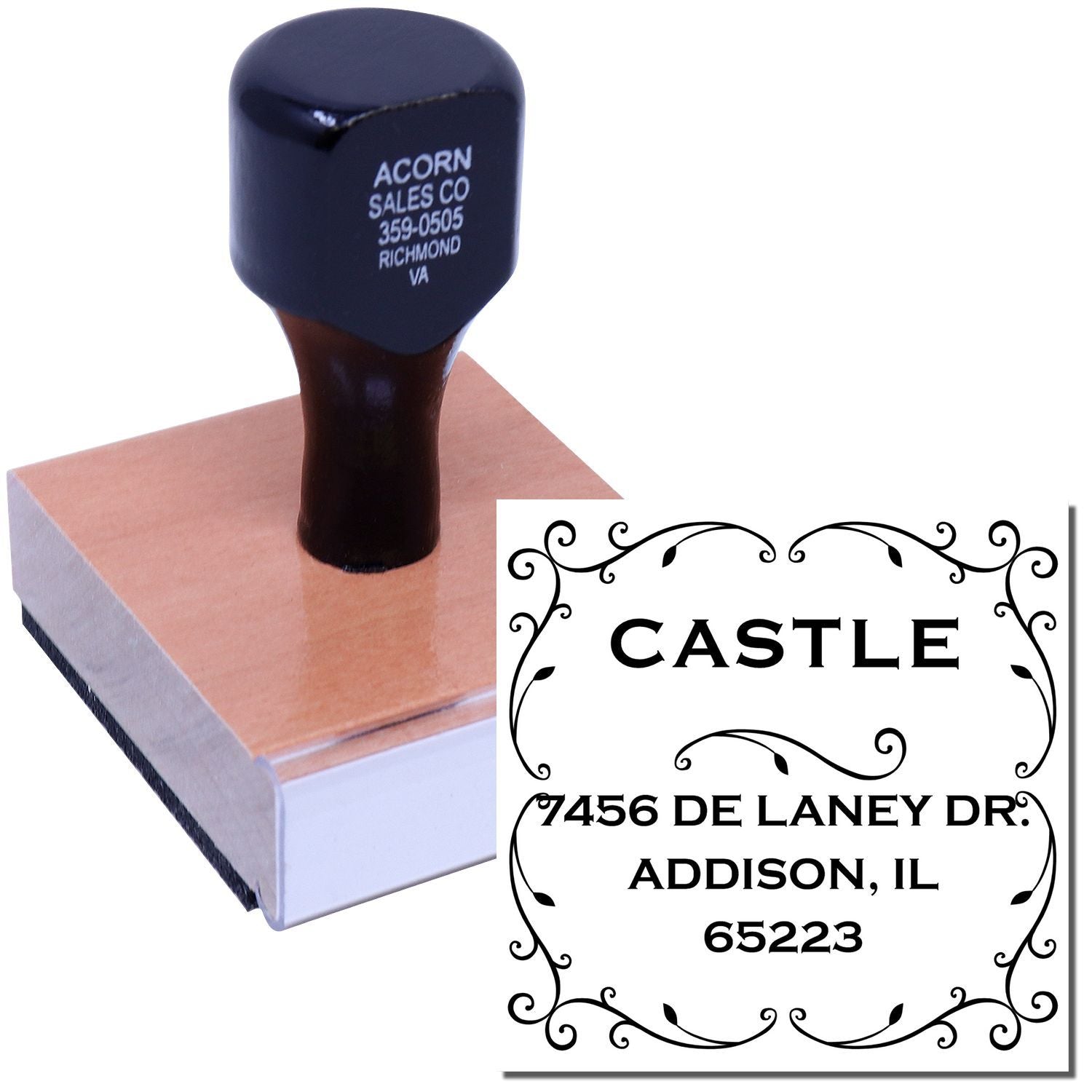 Custom address rubber stamp with decorative frame, shown on stamp block and sample imprint for Castle, Addison, IL.