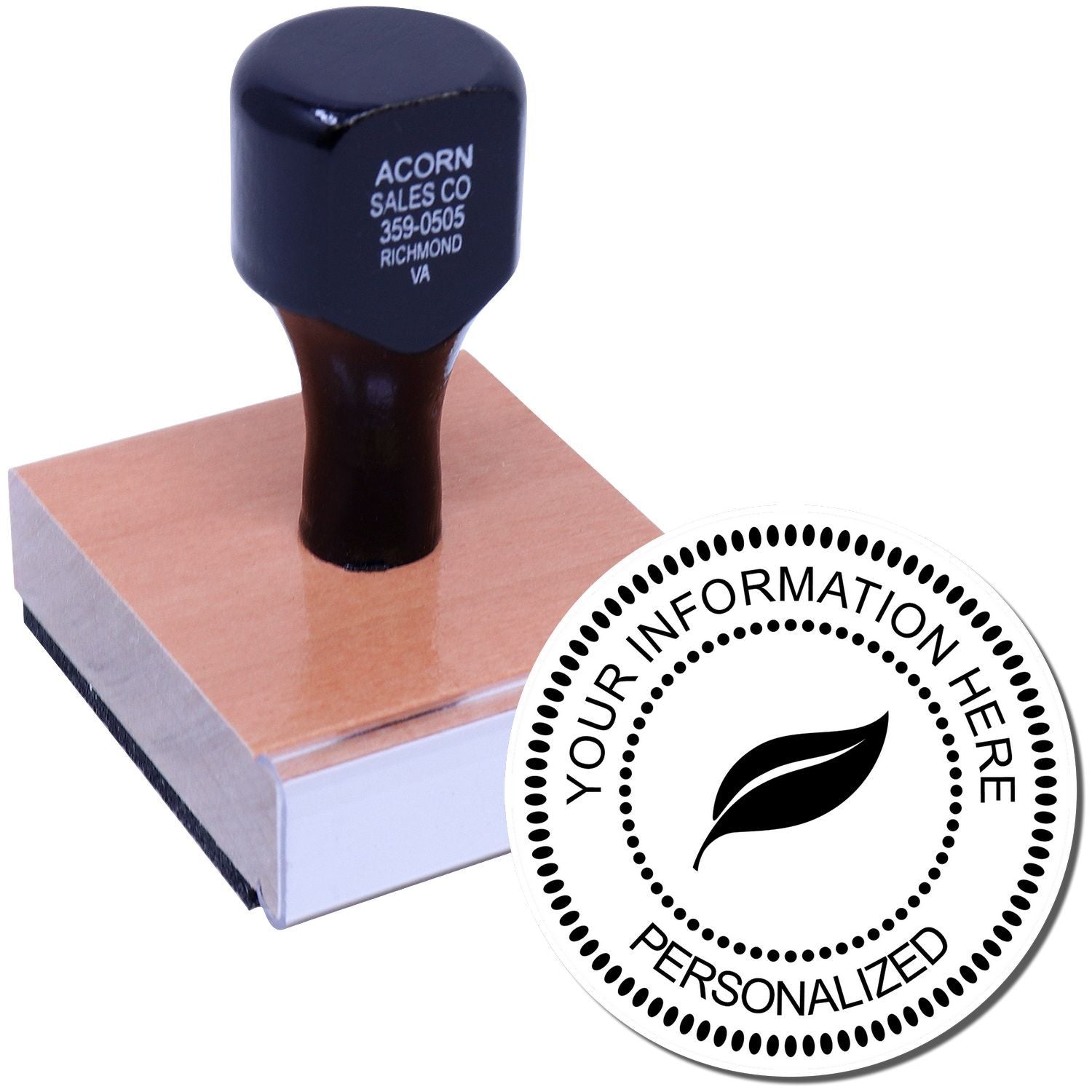 Custom rubber stamp with personalized logo and business information on ink pad