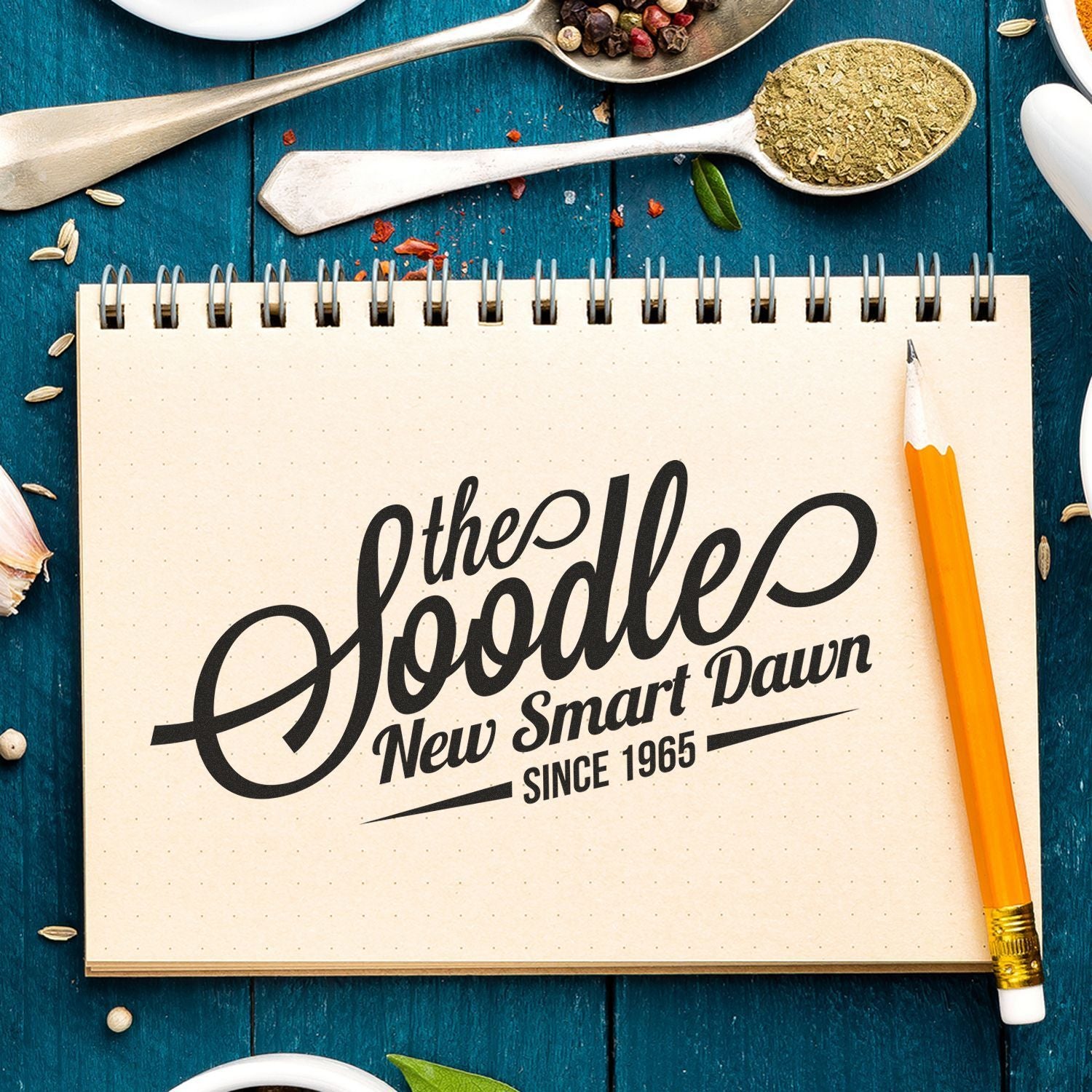 Olde Apothecary themed vintage notebook with herbs and measuring spoons, slogan New Smart Dawn Since 1965 for apothecary branding.