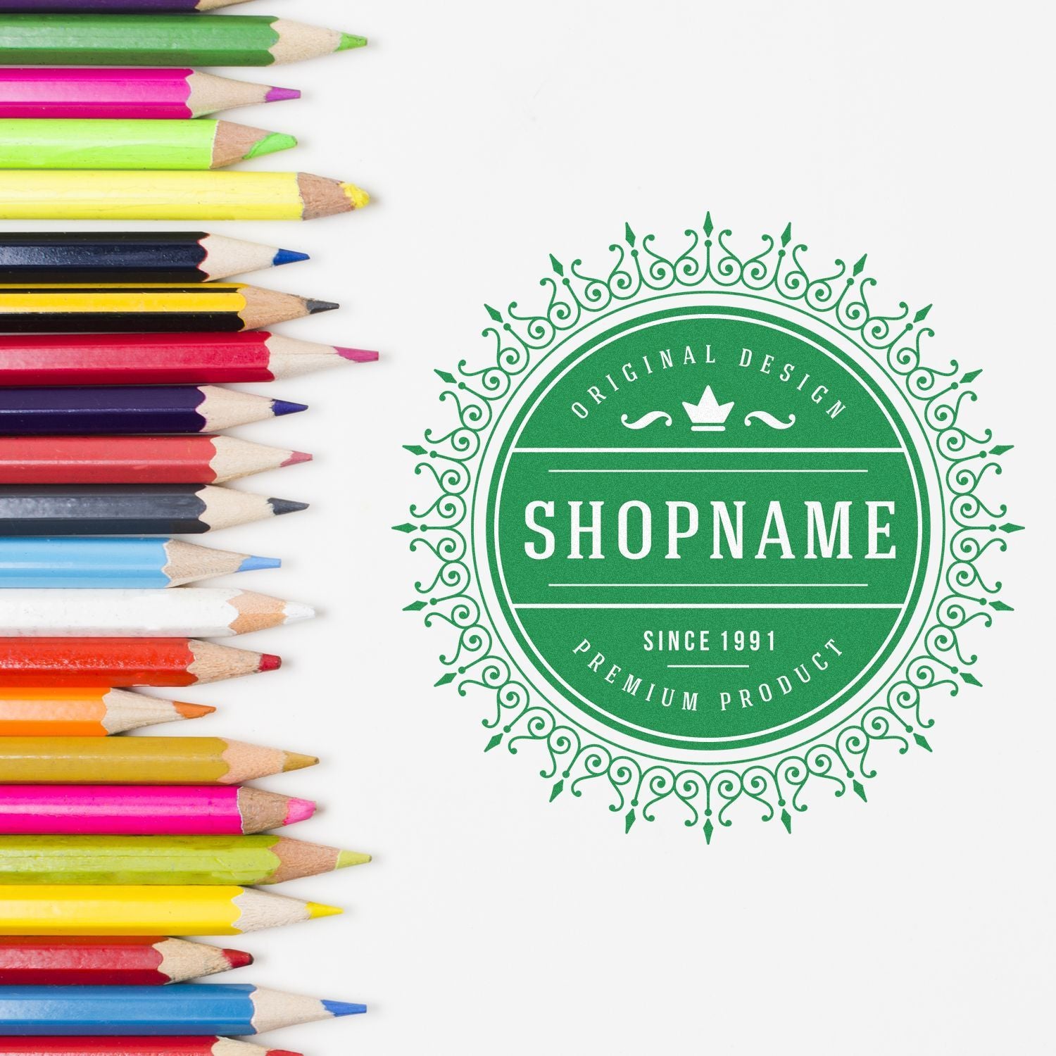 Colorful pencils beside a green ornamental shop logo with customizable brand name on white background