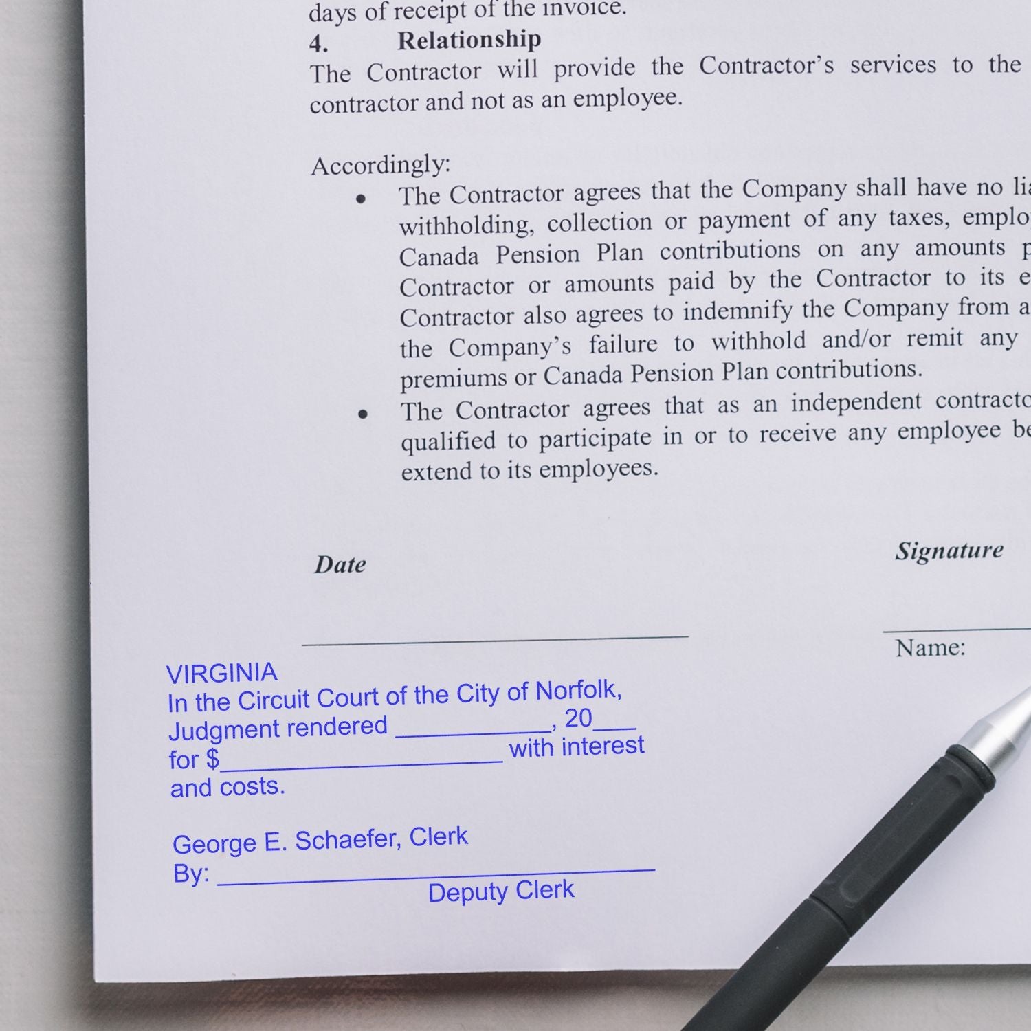 Legal court document page showing contractor relationship clause and Norfolk Circuit Court clerk signature section