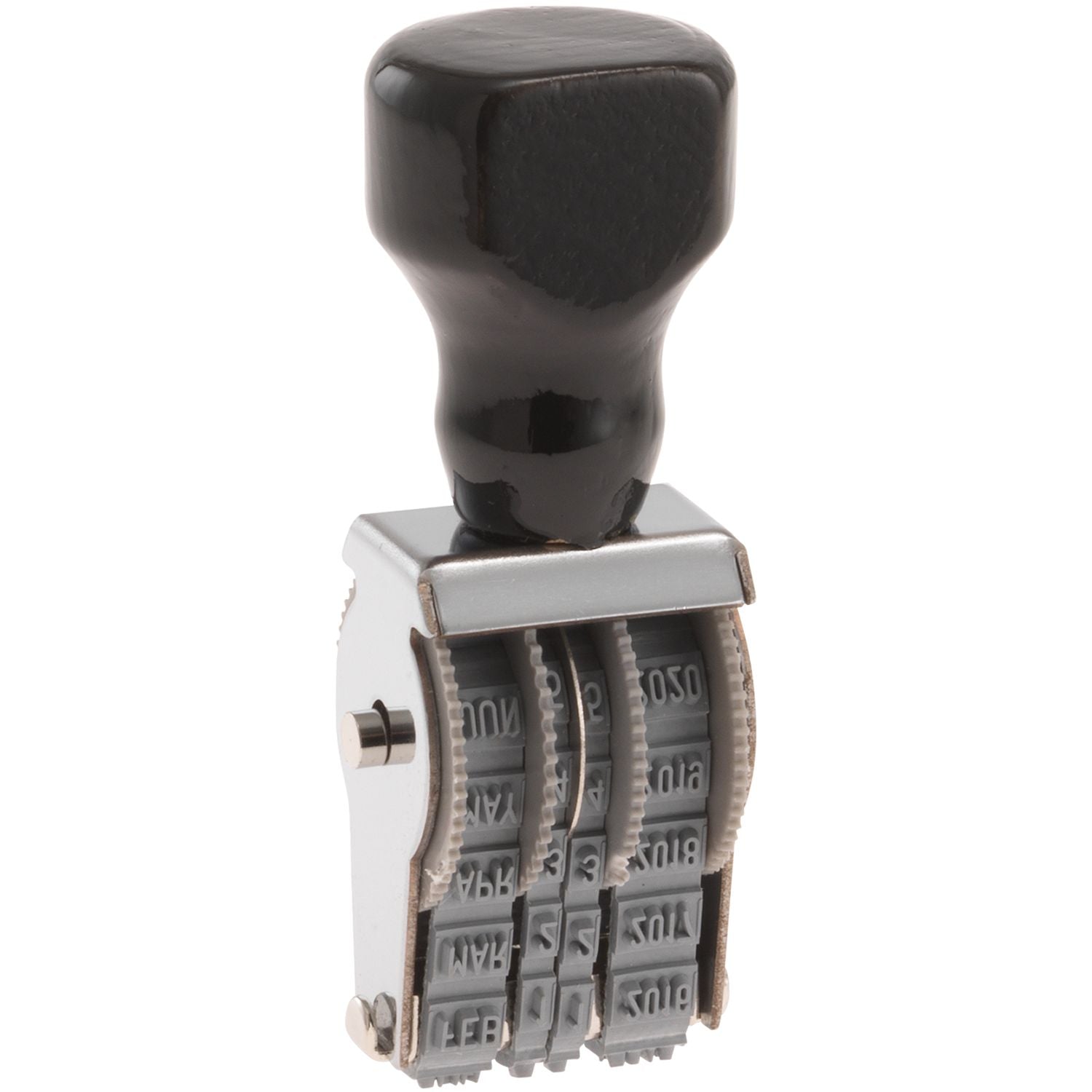 Adjustable self-inking date stamp with rotating number bands and black handle, isolated on white background