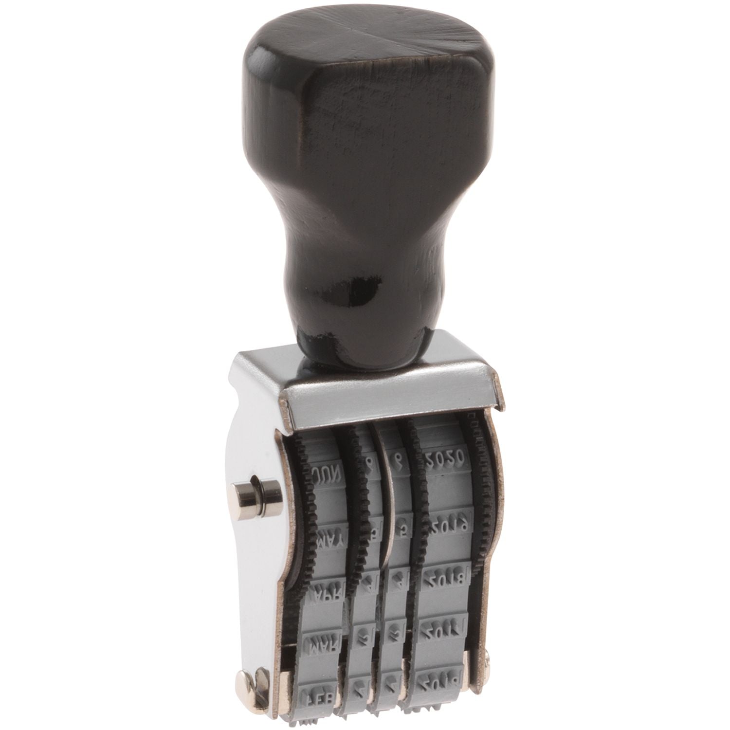 Black self-inking date stamp with rotating number wheels and ergonomic handle on white background