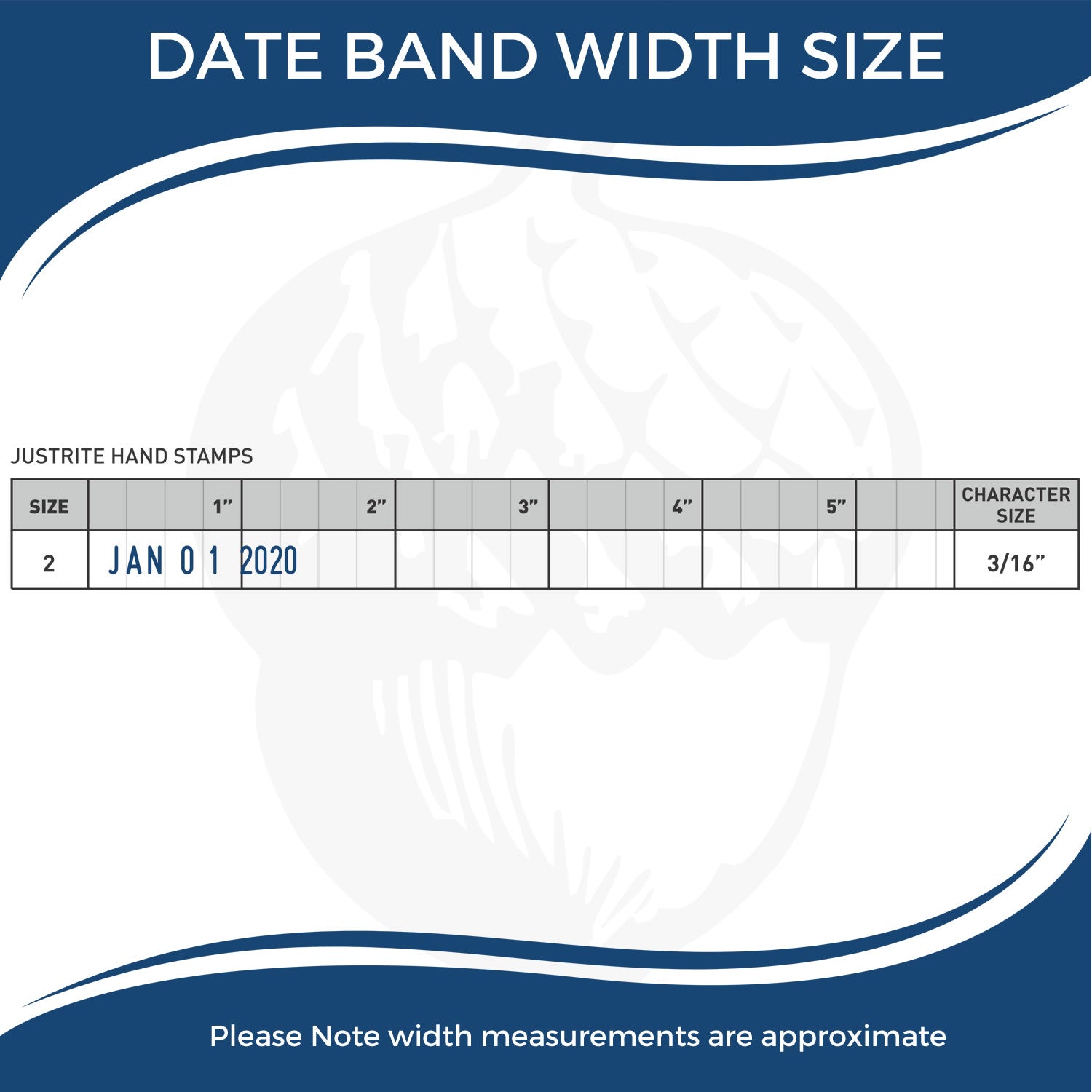 Date band width size chart for Justrite hand stamps, showing size 2 date stamp example JAN 01 2020 and 3/16-inch character size with approximate width measurements.