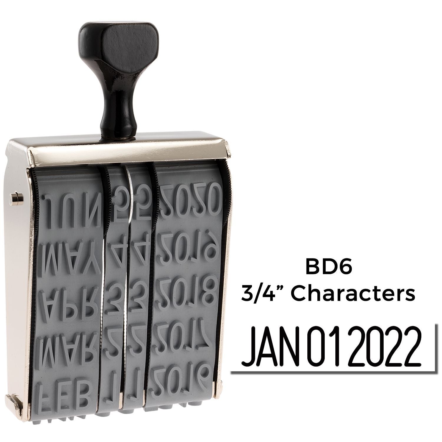 BD6 3/4-inch character date stamp with January 012022 bands, black handle, and metal frame for office marking.