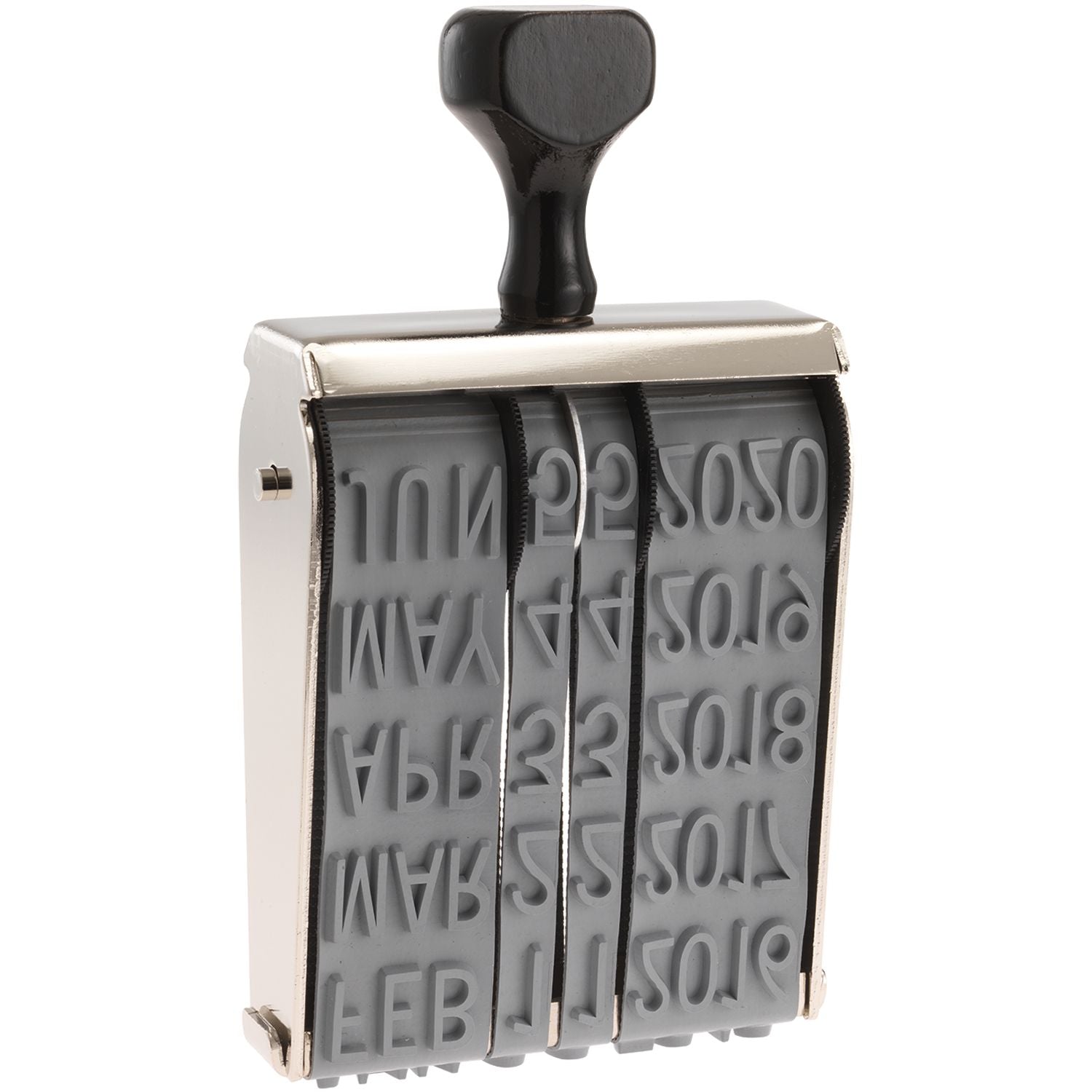 Vintage self-inking date stamp with rotating month and year bands for office use