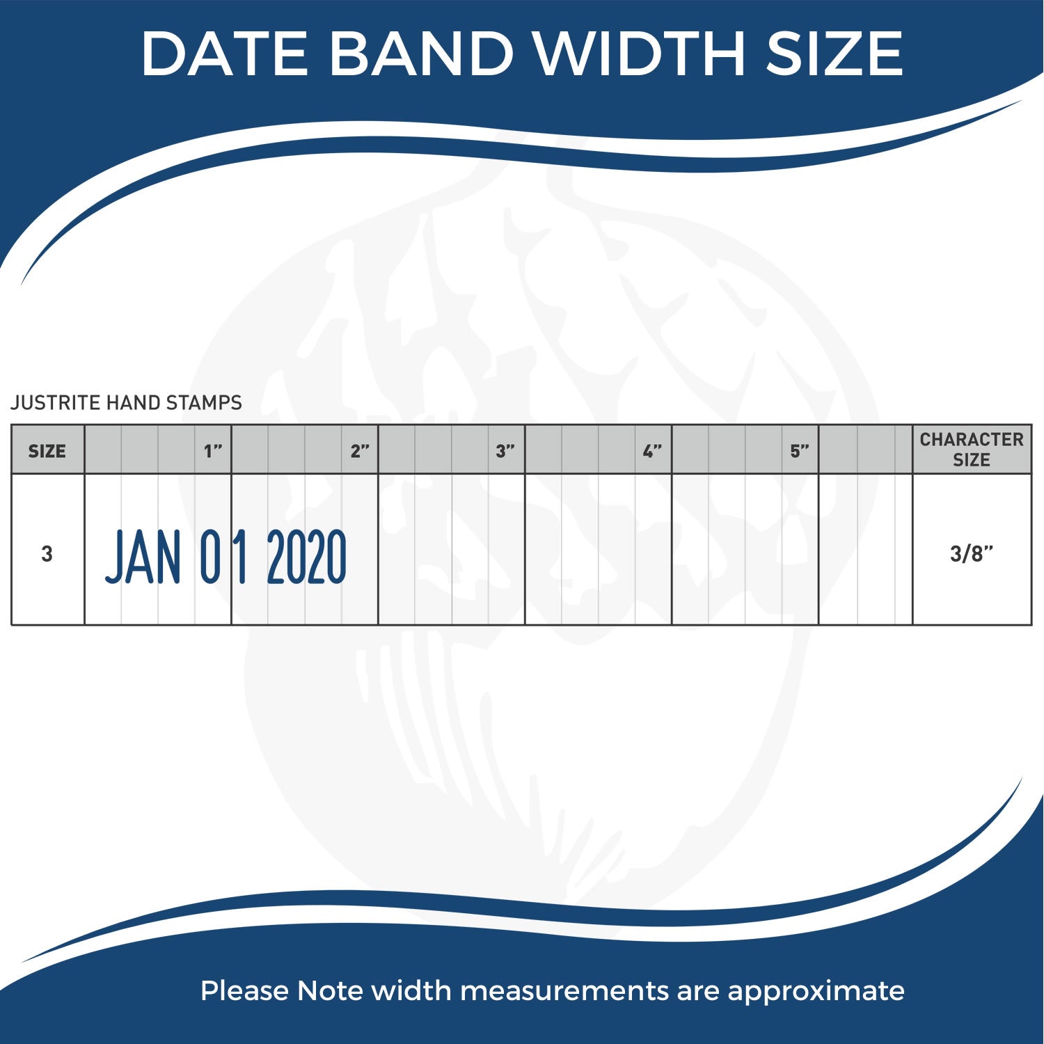Date band width size chart for Justrite hand stamps showing JAN 01 2020 in 3/8-inch character size and approximate width measurements.
