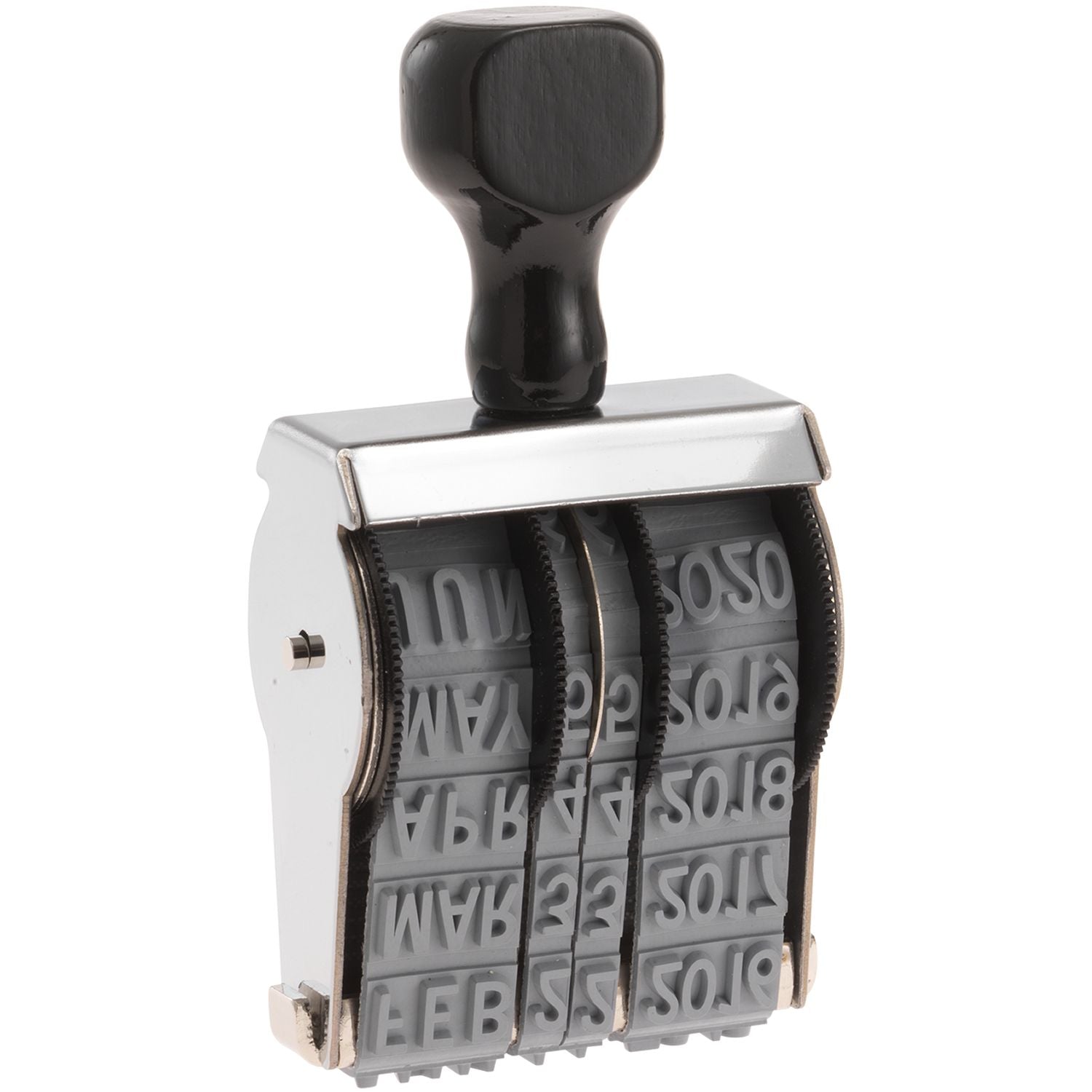 Black self-inking date stamp with adjustable rotating numbers and letters on a white background
