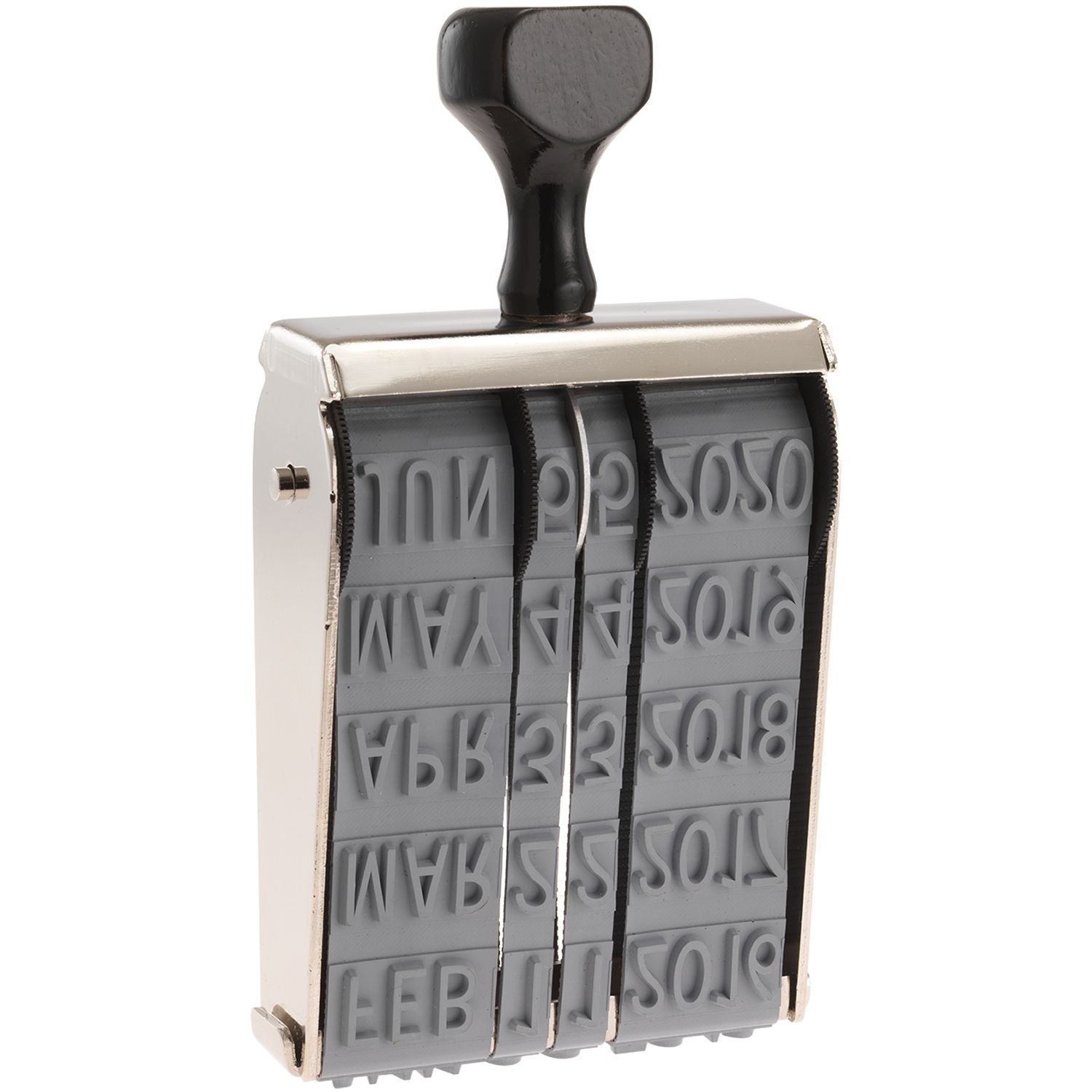 Close-up of adjustable metal date stamp with black handle and rotating number bands for office use