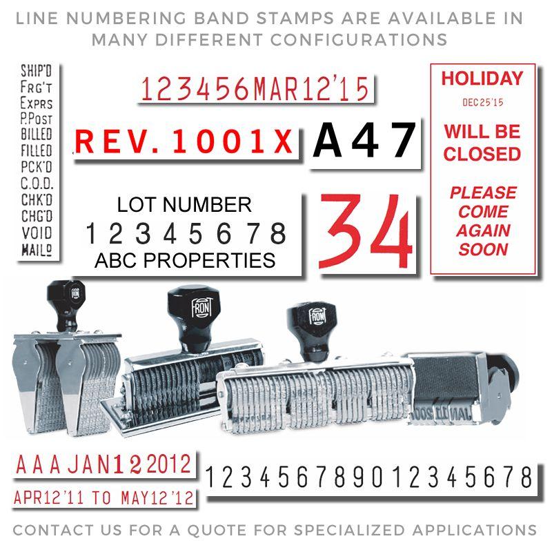 Line numbering band stamp sample for lot and address imprinting: Rev 1001X A47, lot 12345678, quantity 34, holiday closed notice.